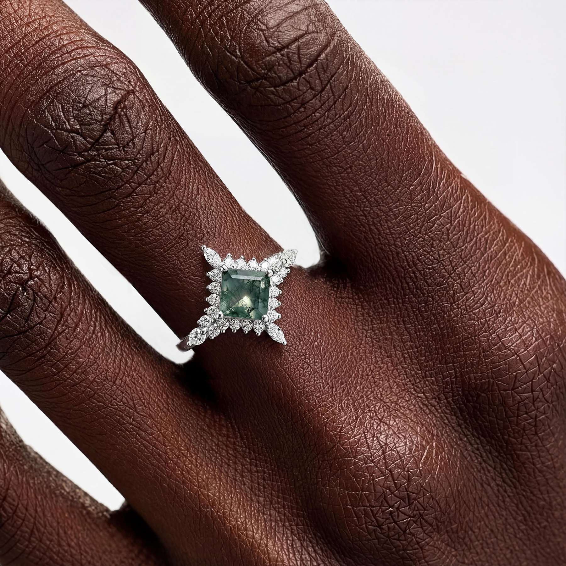 925 Sterling Silver Moss Agate Celestial Star Ring