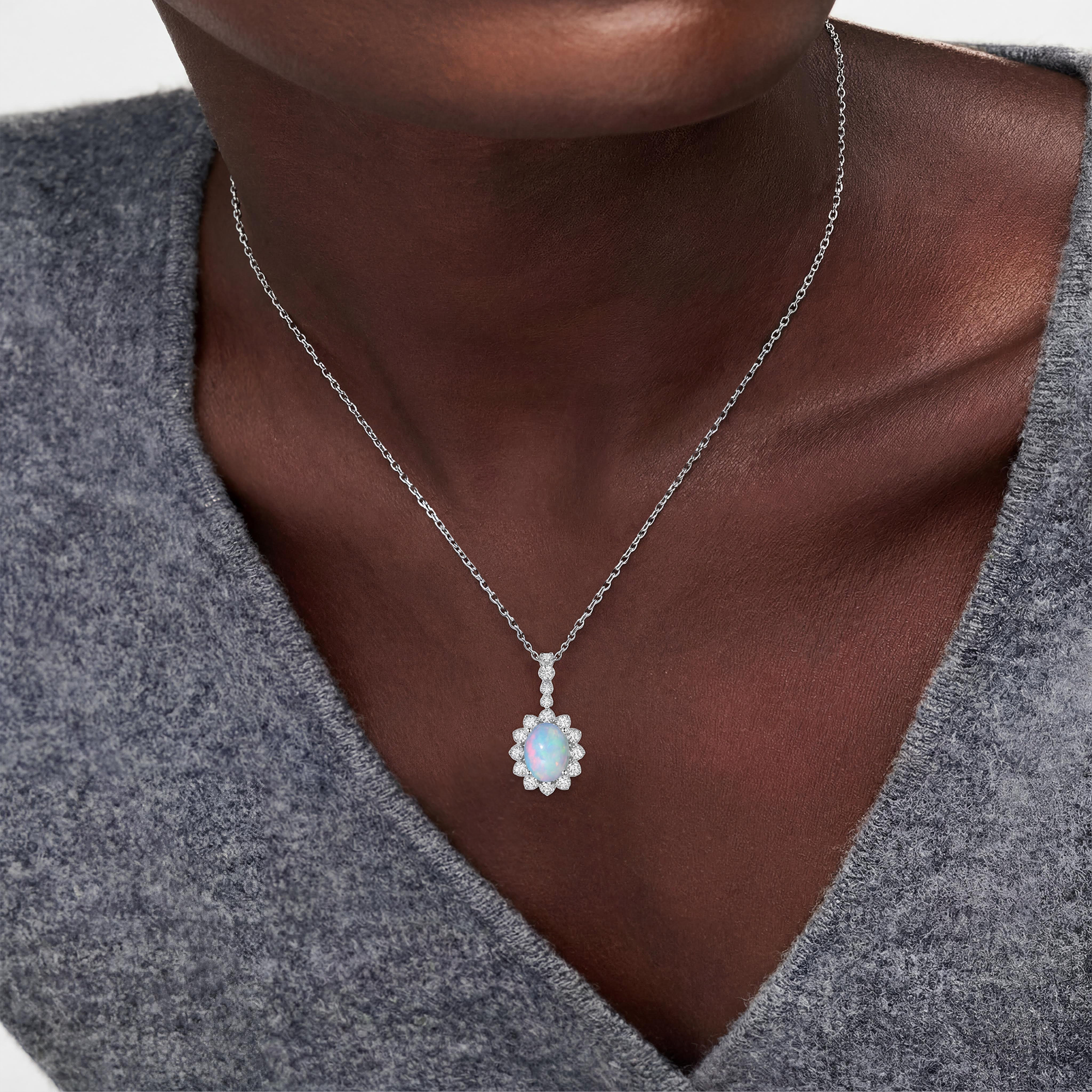 Oval Opal Halo Pendant in 925 Sterling Silver