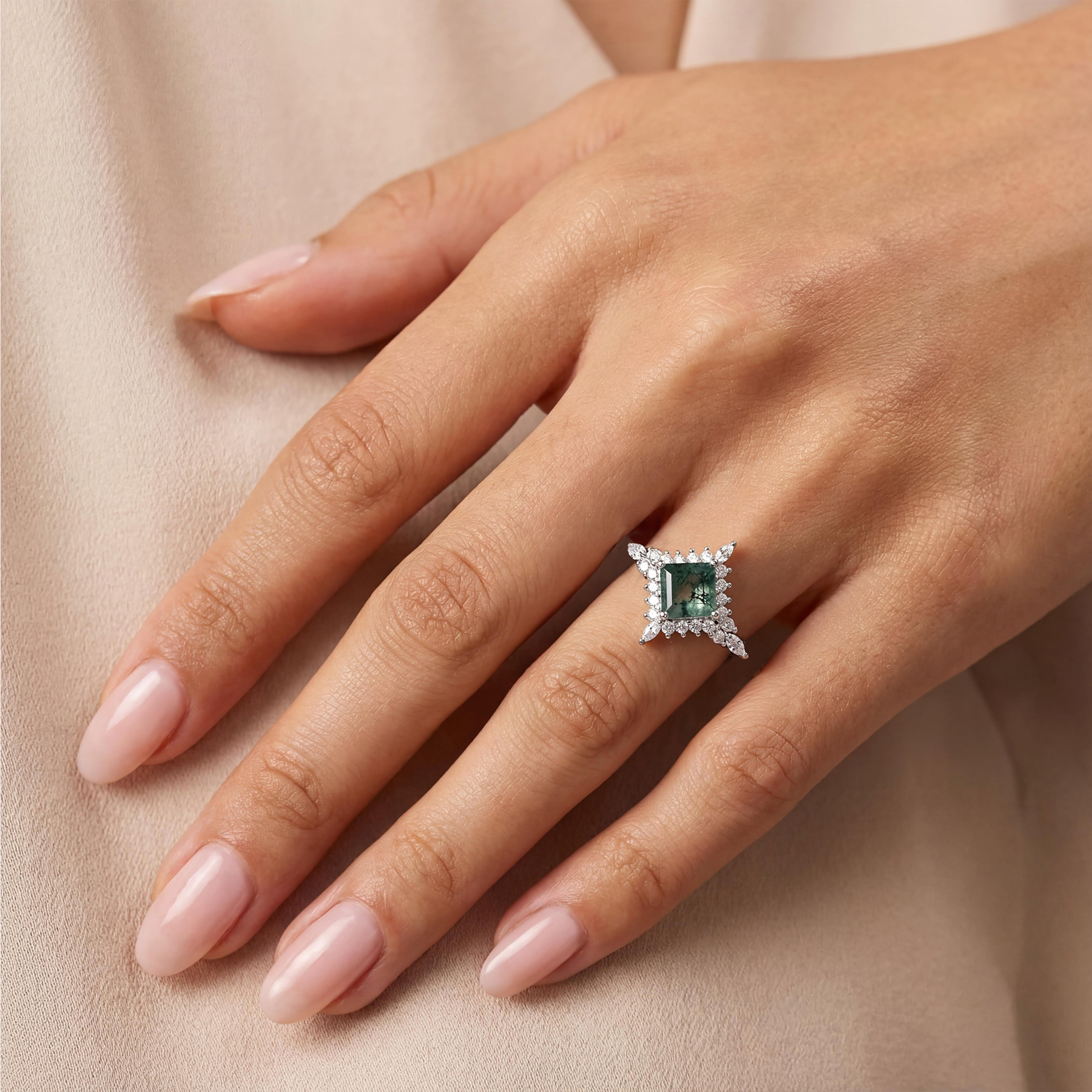 925 Sterling Silver Moss Agate Celestial Star Ring