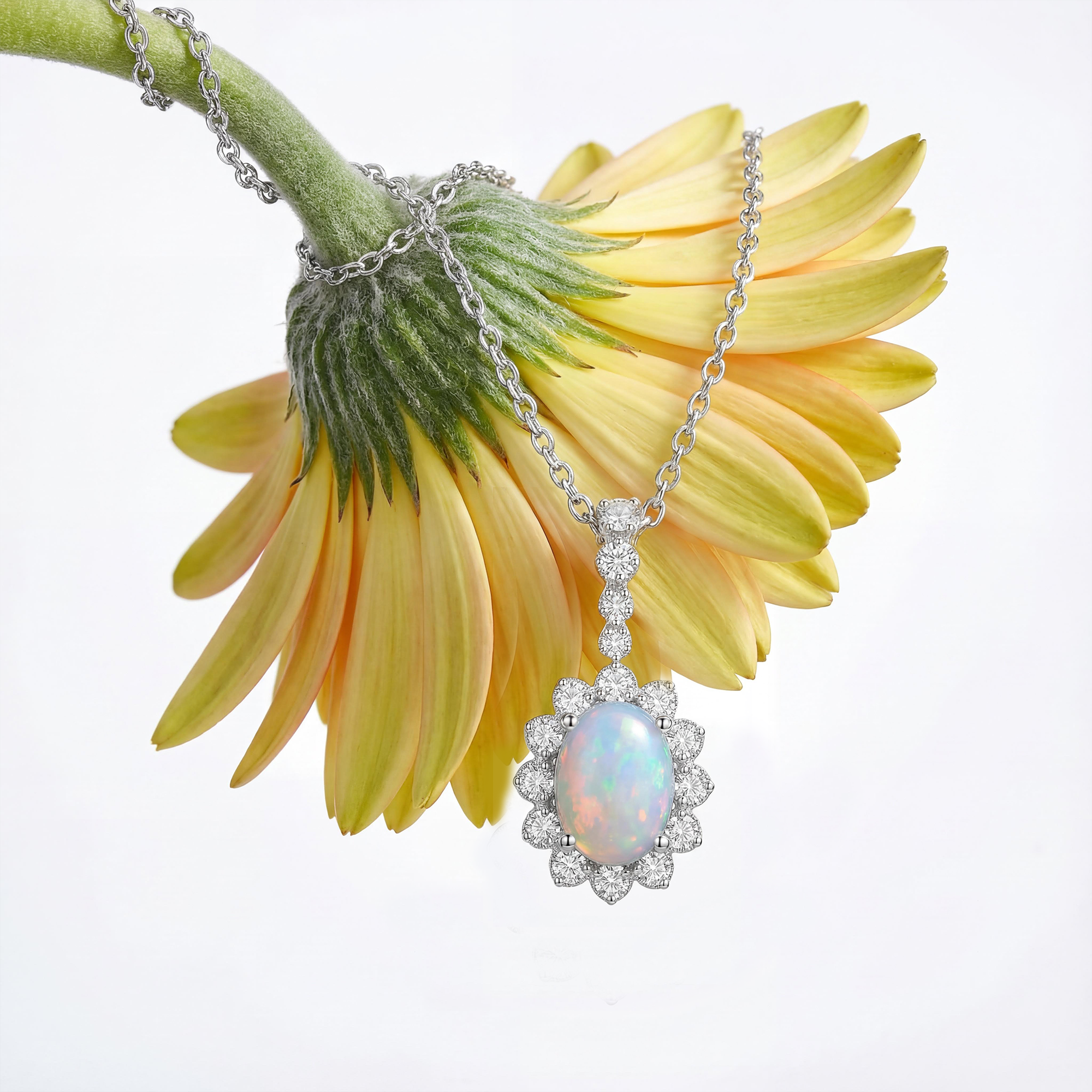 Oval Opal Halo Pendant in 925 Sterling Silver