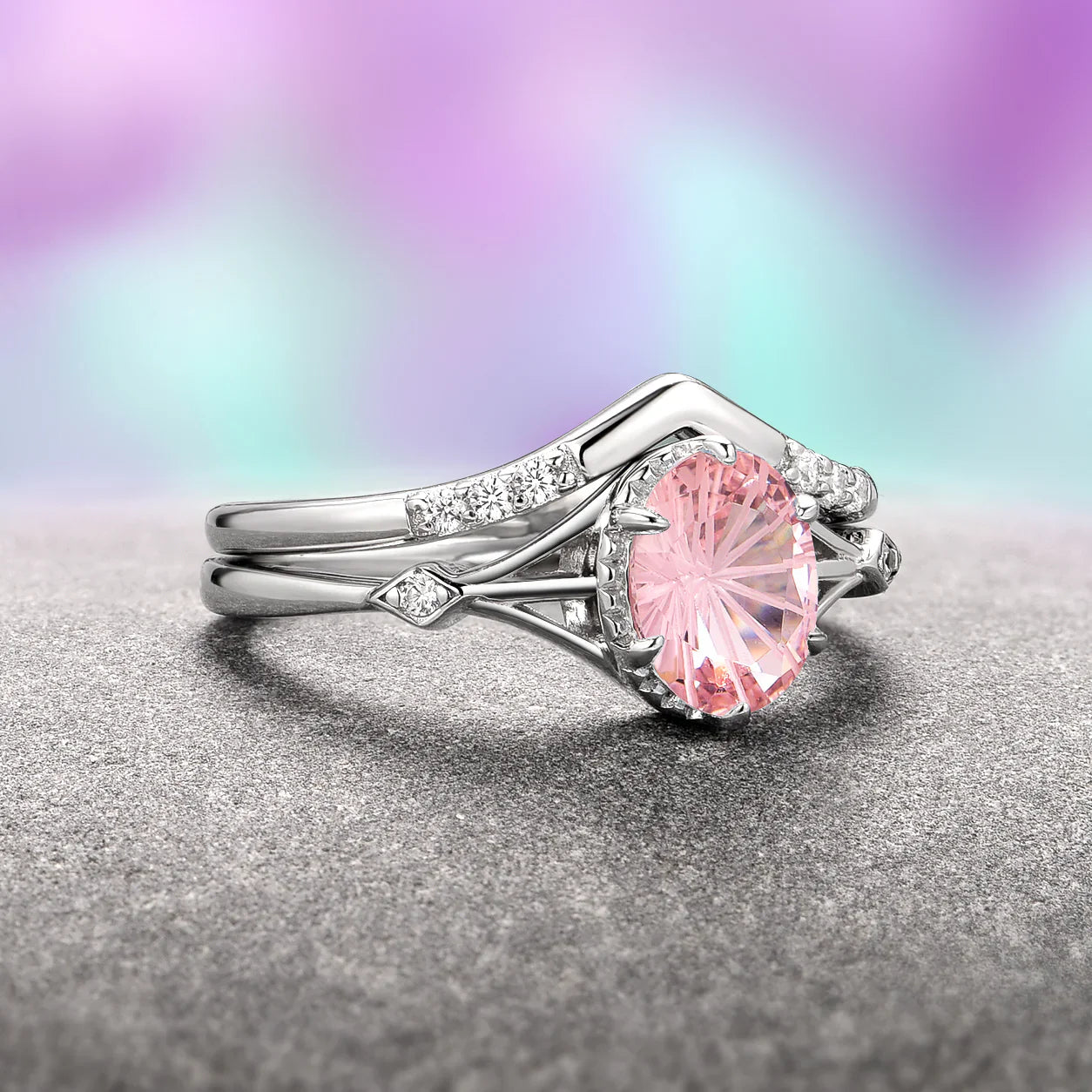 Celtic Morganite / Aquamarine /Ruby Ring Set