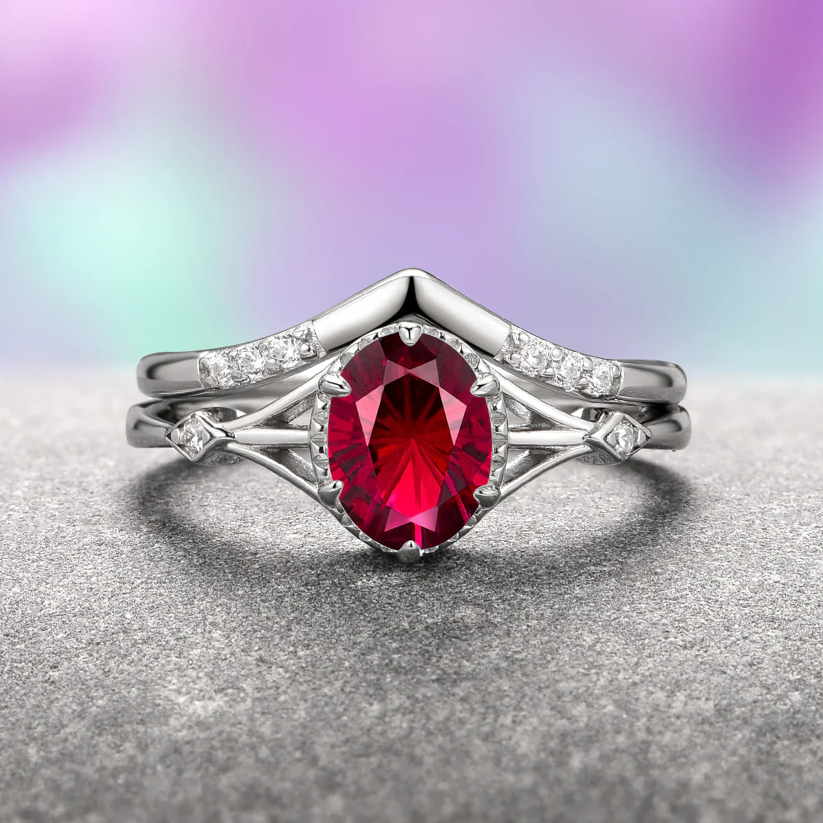 Celtic Morganite / Aquamarine /Ruby Ring Set