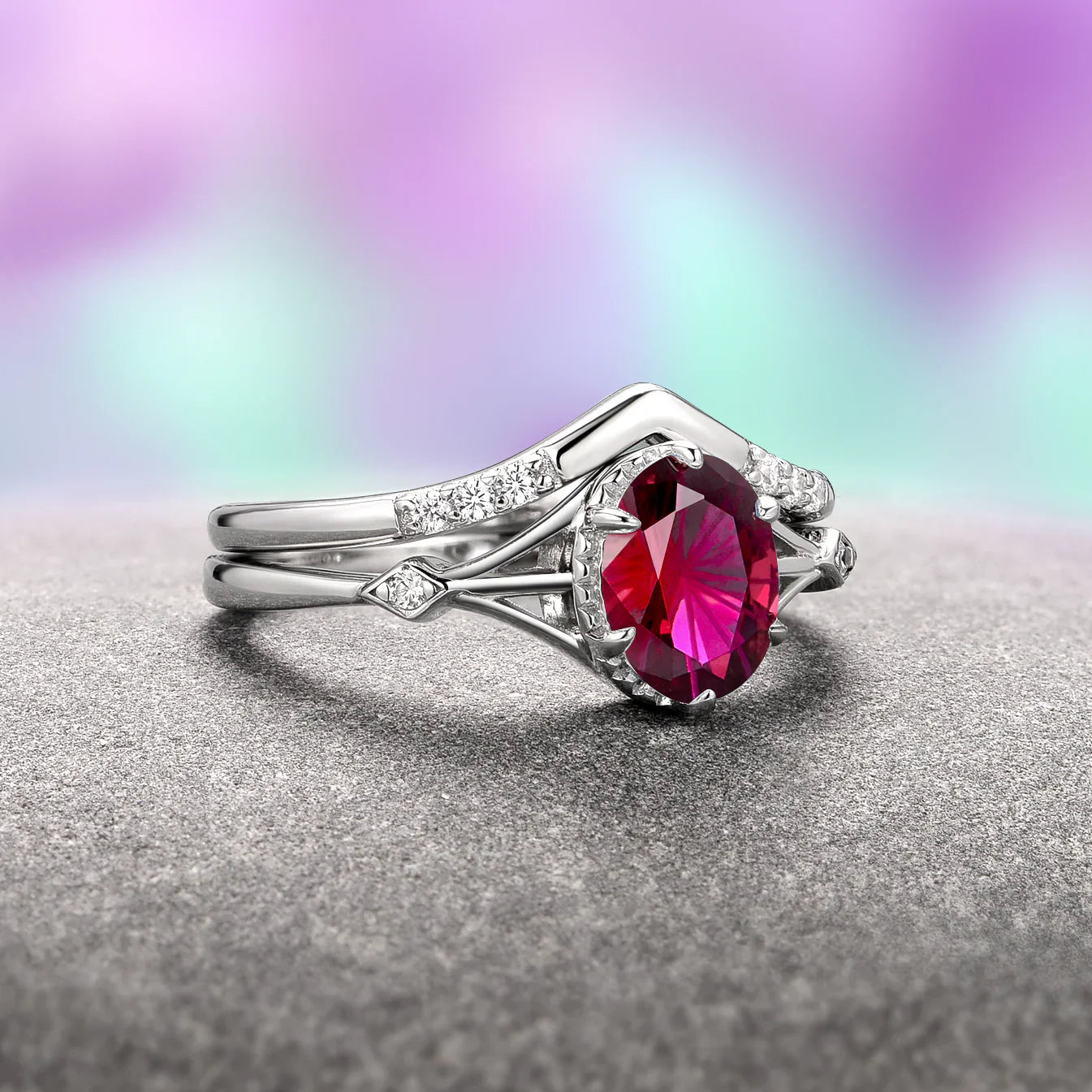 Celtic Morganite / Aquamarine /Ruby Ring Set