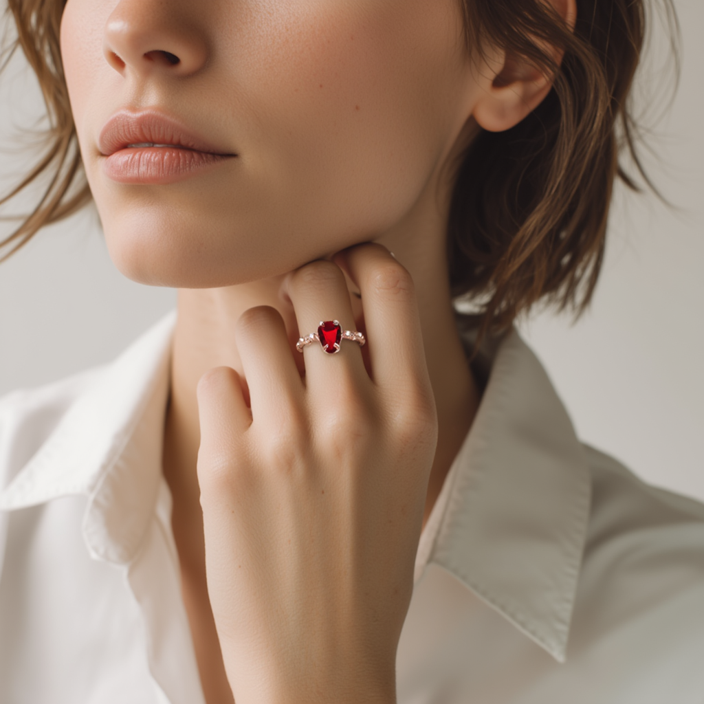 S925 Sterling Silver Plated 18K Rose Gold Garnet Ring