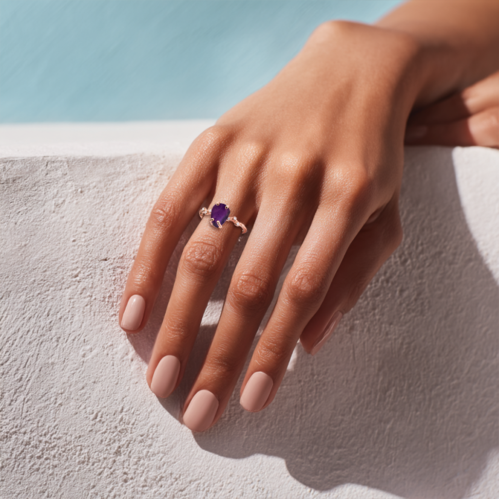S925 Sterling Silver Plated 18K Rose Gold Amethyst Ring