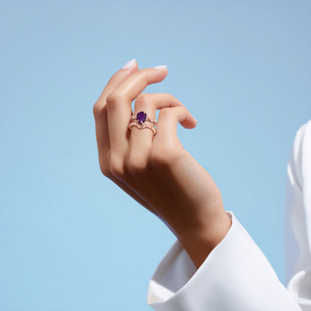 S925 Sterling Silver Plated 18K Rose Gold Amethyst Ring
