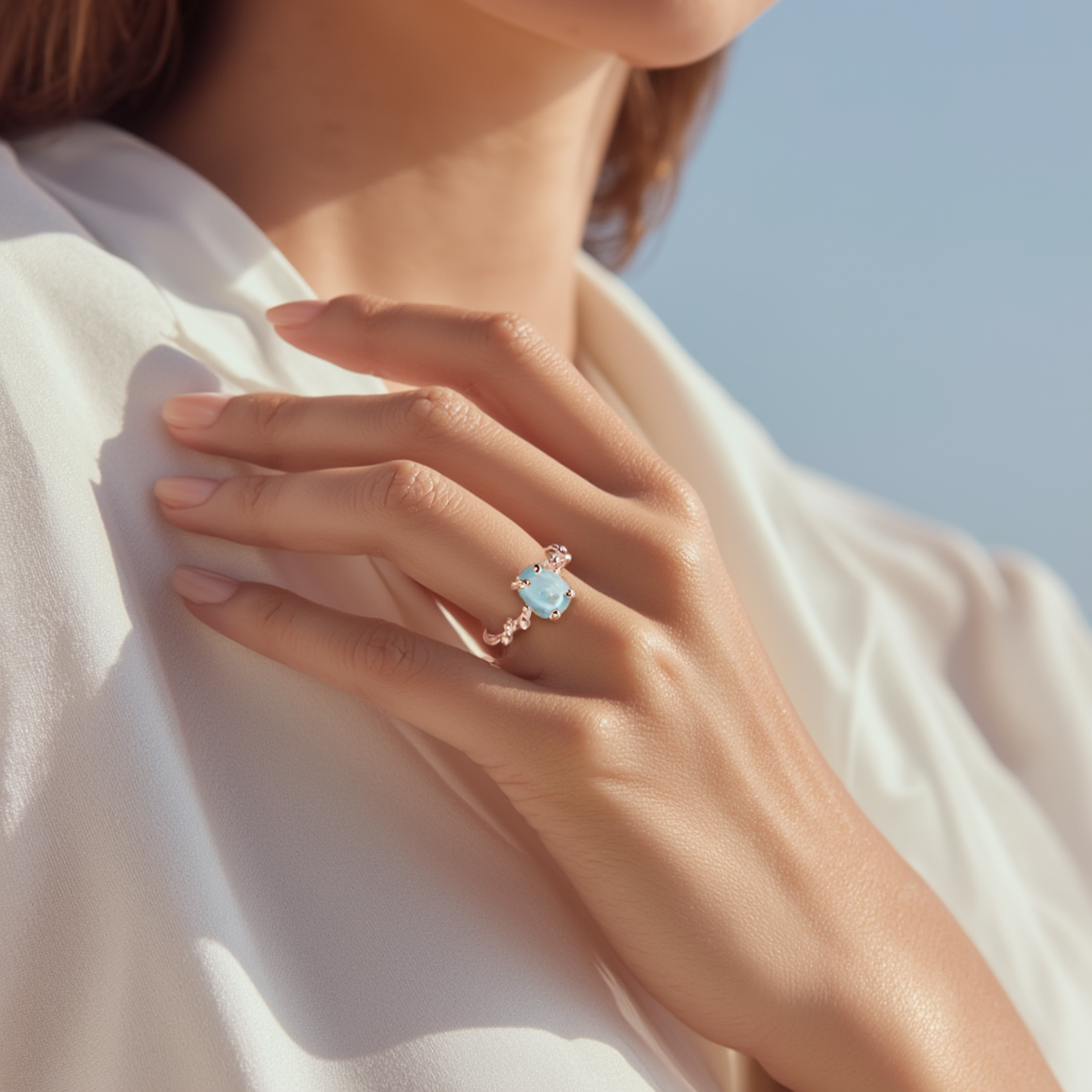 S925 Sterling Silver Plated 18K Rose Gold Aquamarine Ring