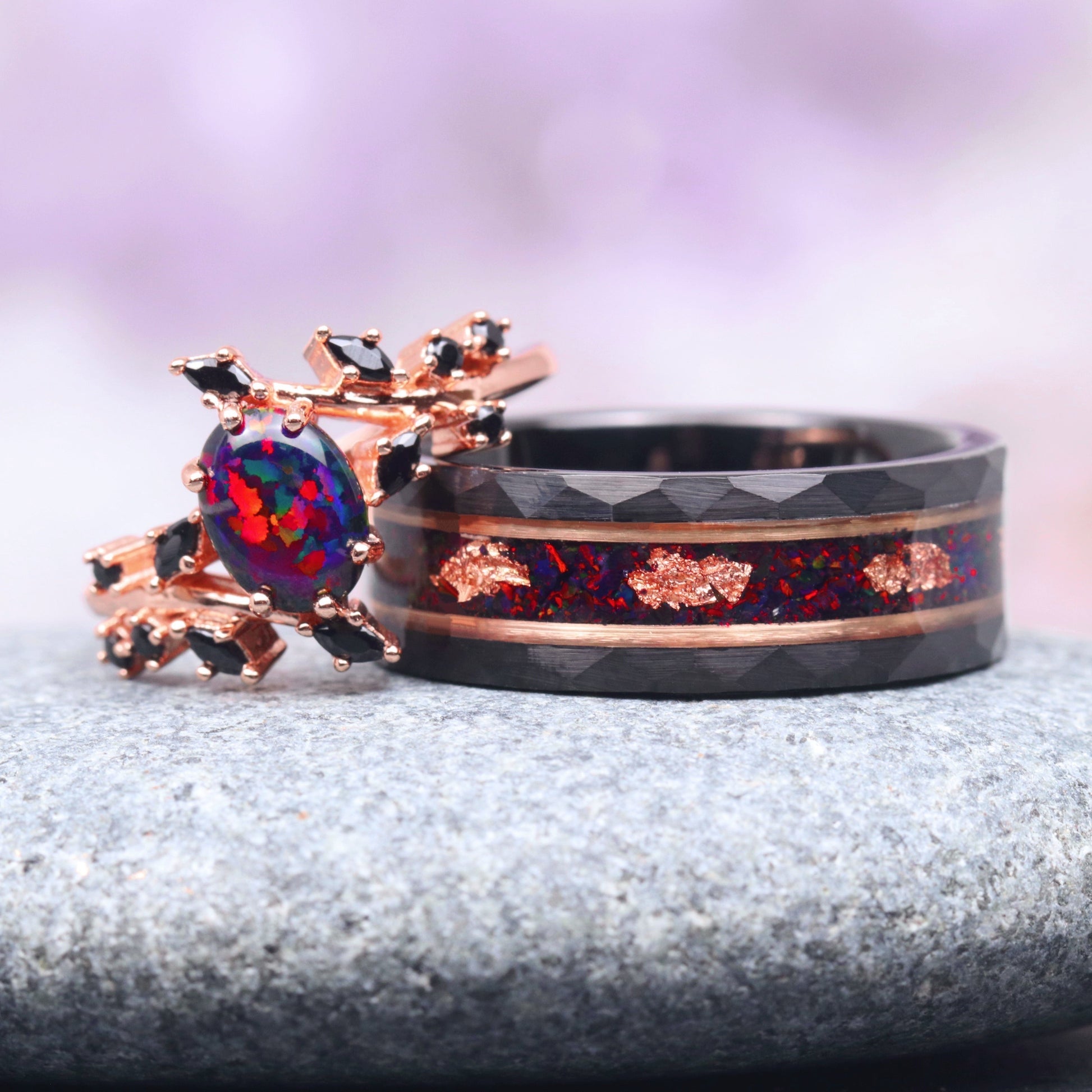 Black Fire Opal & Onyx Leaf Ring- 14K Rose Gold Vermeil