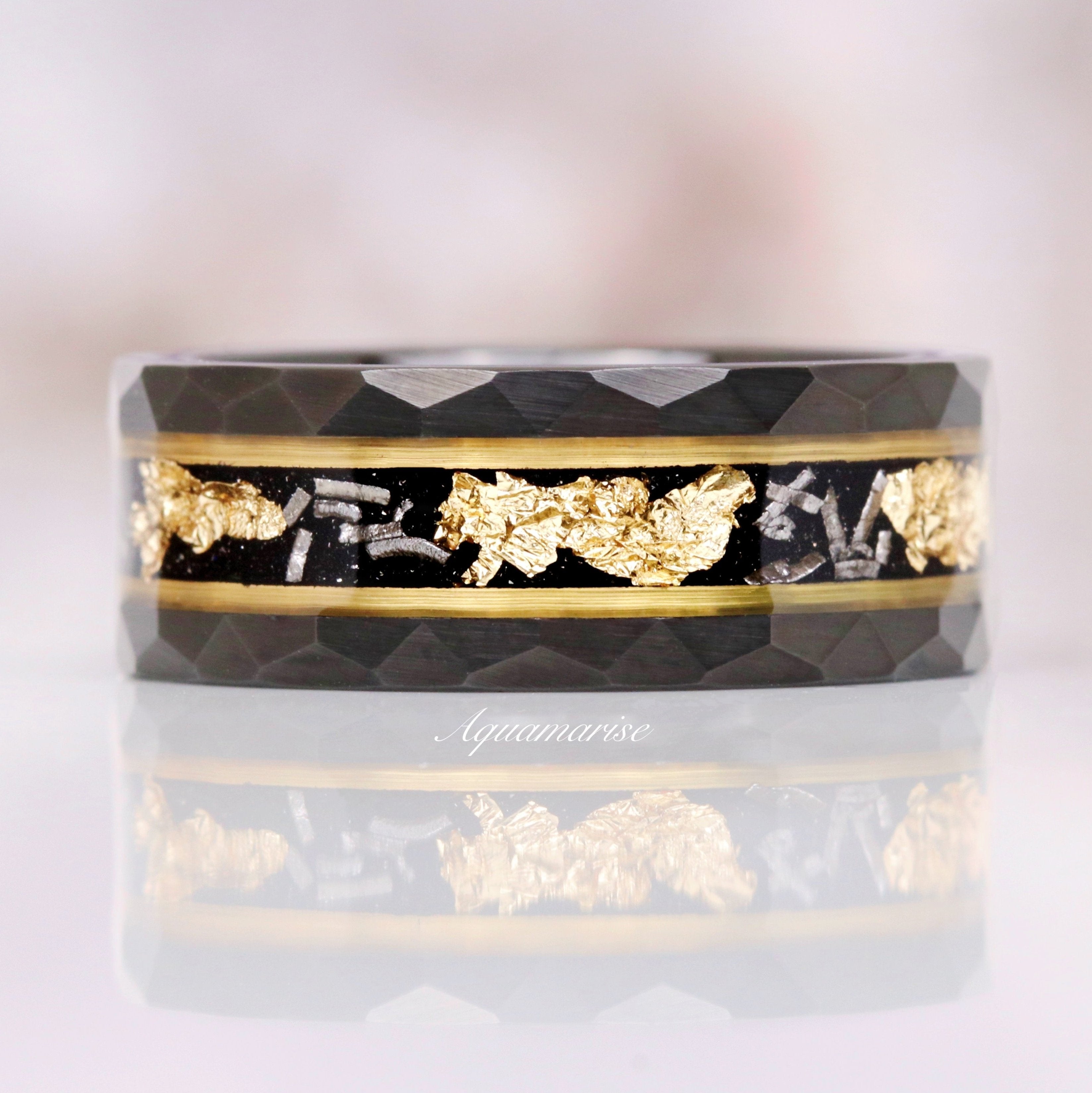 Meteorite & Gold Leaf Wedding Band- 8MM Black Tungsten