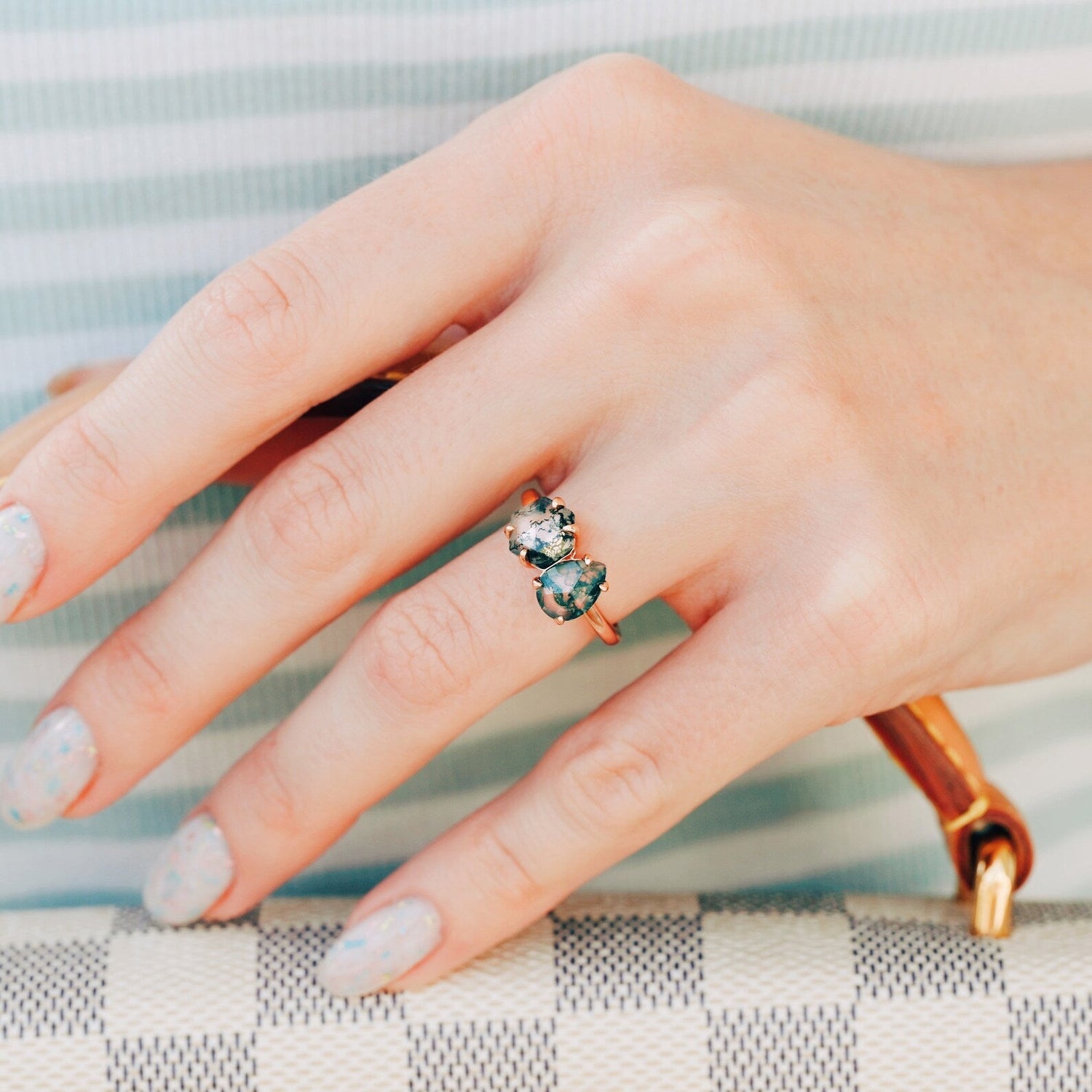 'Toi Et Moi' Green Moss Agate Ring- 14K Rose Gold Vermeil