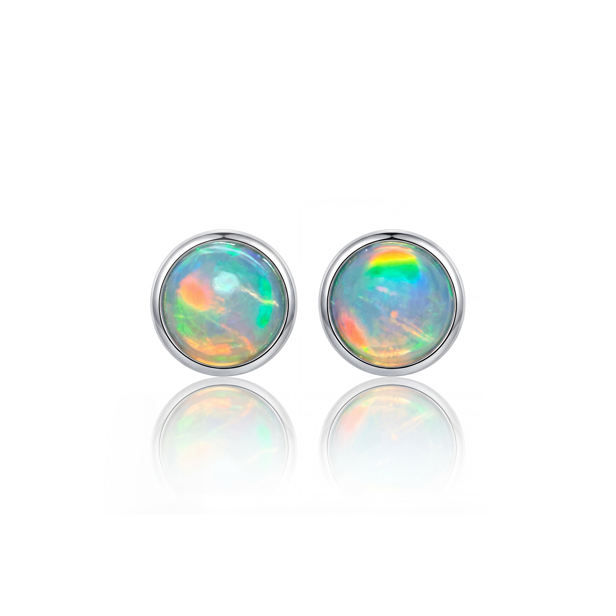 Natural Opal Round Stud Earrings in 925 Sterling Silver