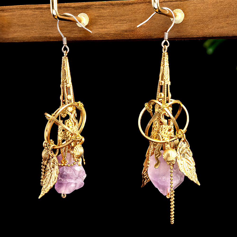 Handmade Amethyst & Gold Leaf Drop Earrings