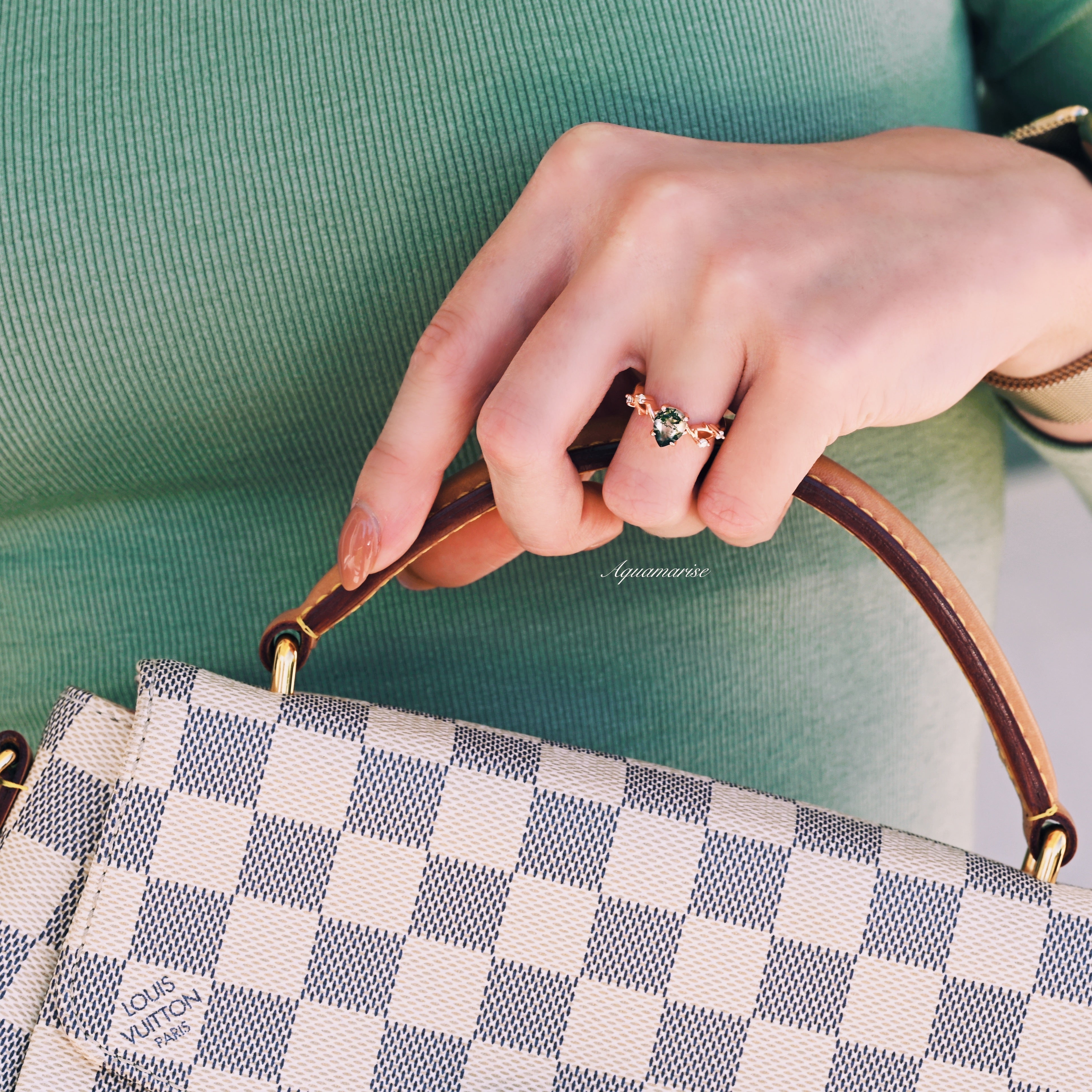 Green Moss Agate Leaf Ring- 14K Rose Gold Vermeil