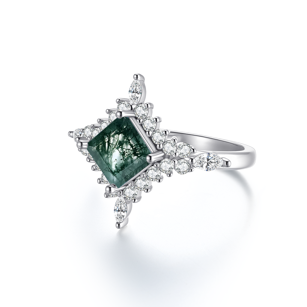 925 Sterling Silver Moss Agate Celestial Star Ring