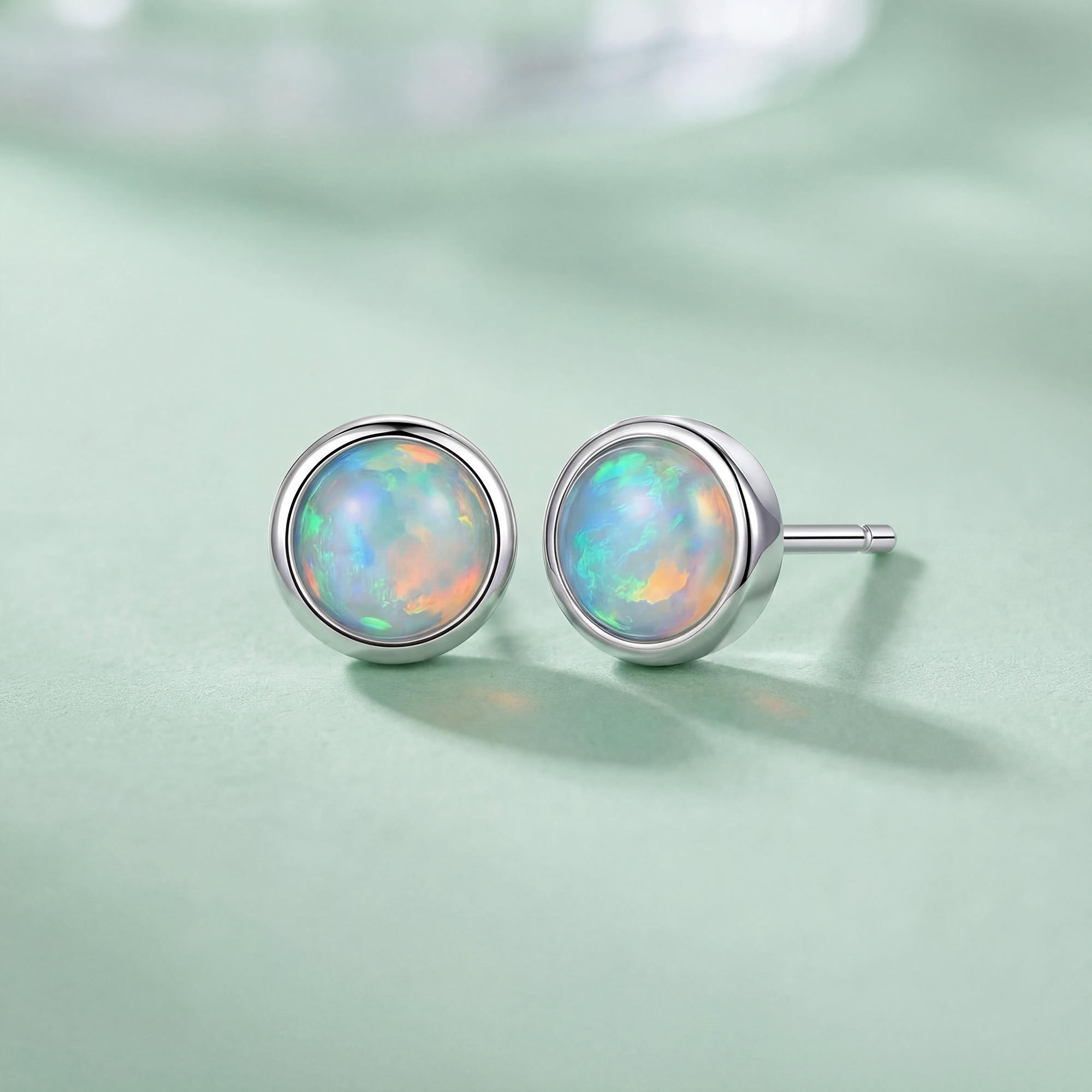 Natural Opal Round Stud Earrings in 925 Sterling Silver
