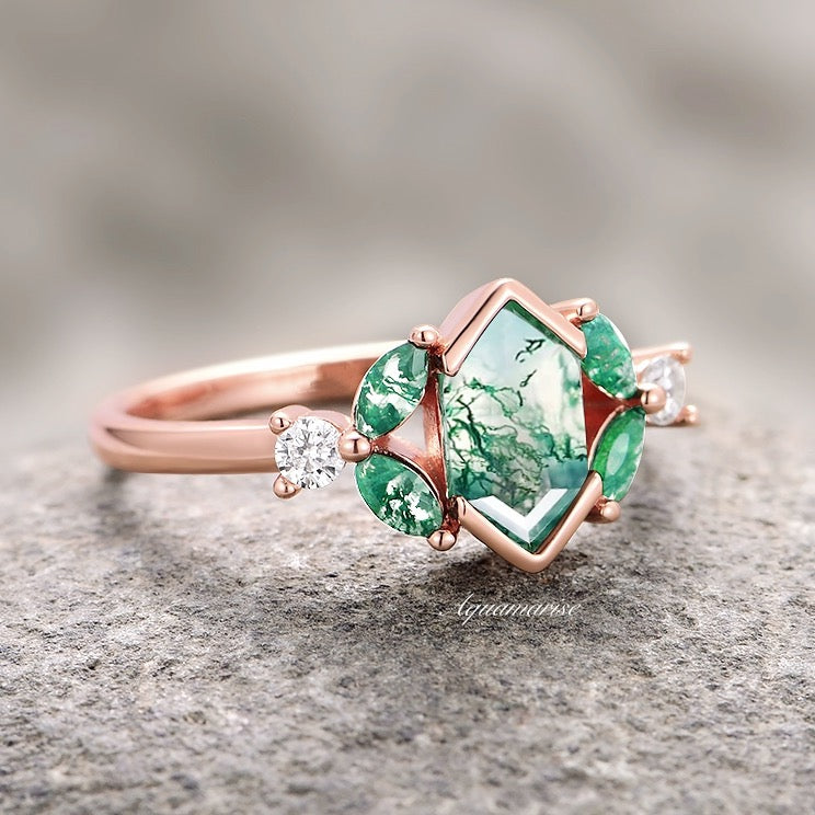 Hexagon Moss Agate Leaf Ring- 14K Rose Gold Vermeil