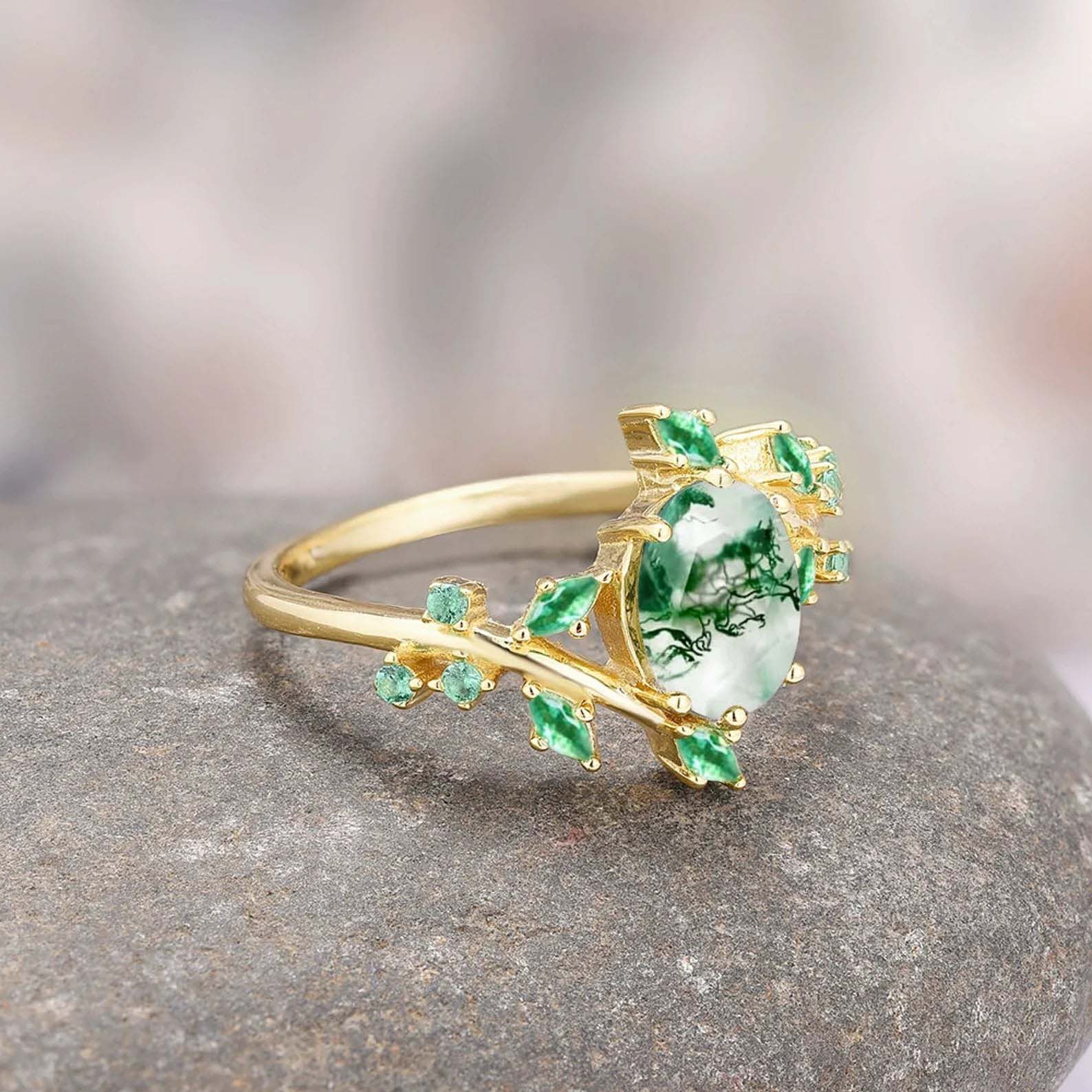 Green Moss Agate & Fire Opal Gold Leaf Couples Ring Set- His and Hers Wedding Band