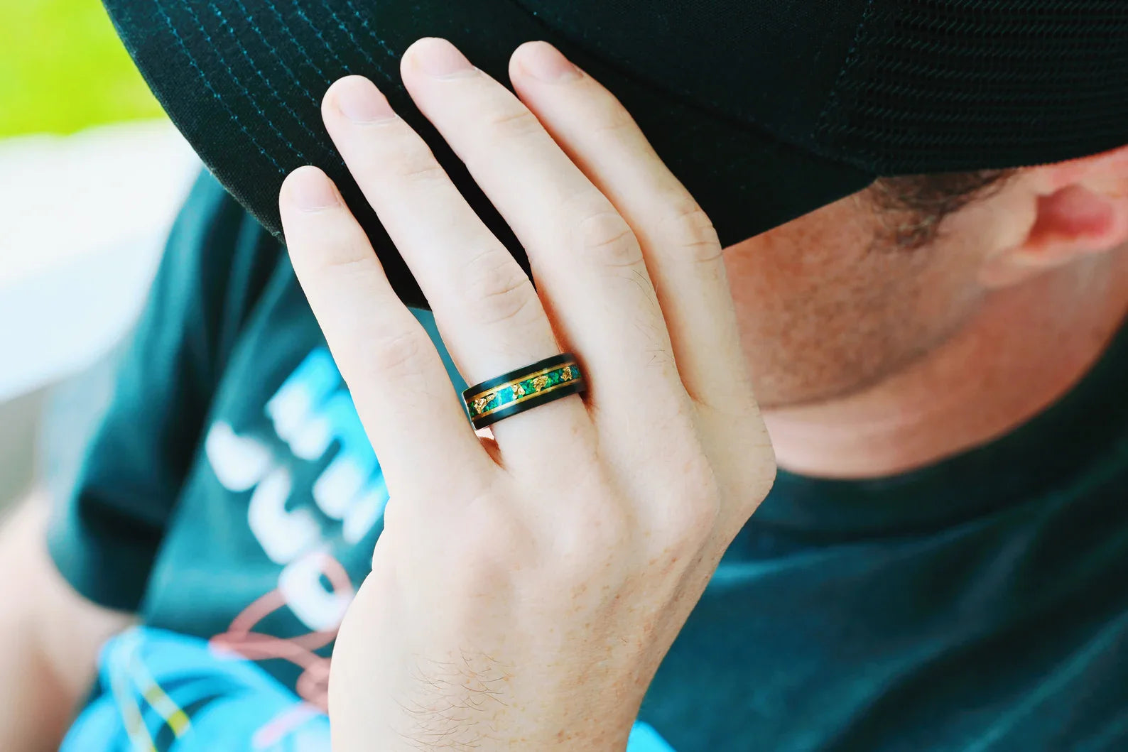 Green Moss Agate & Fire Opal Gold Leaf Couples Ring Set- His and Hers Wedding Band