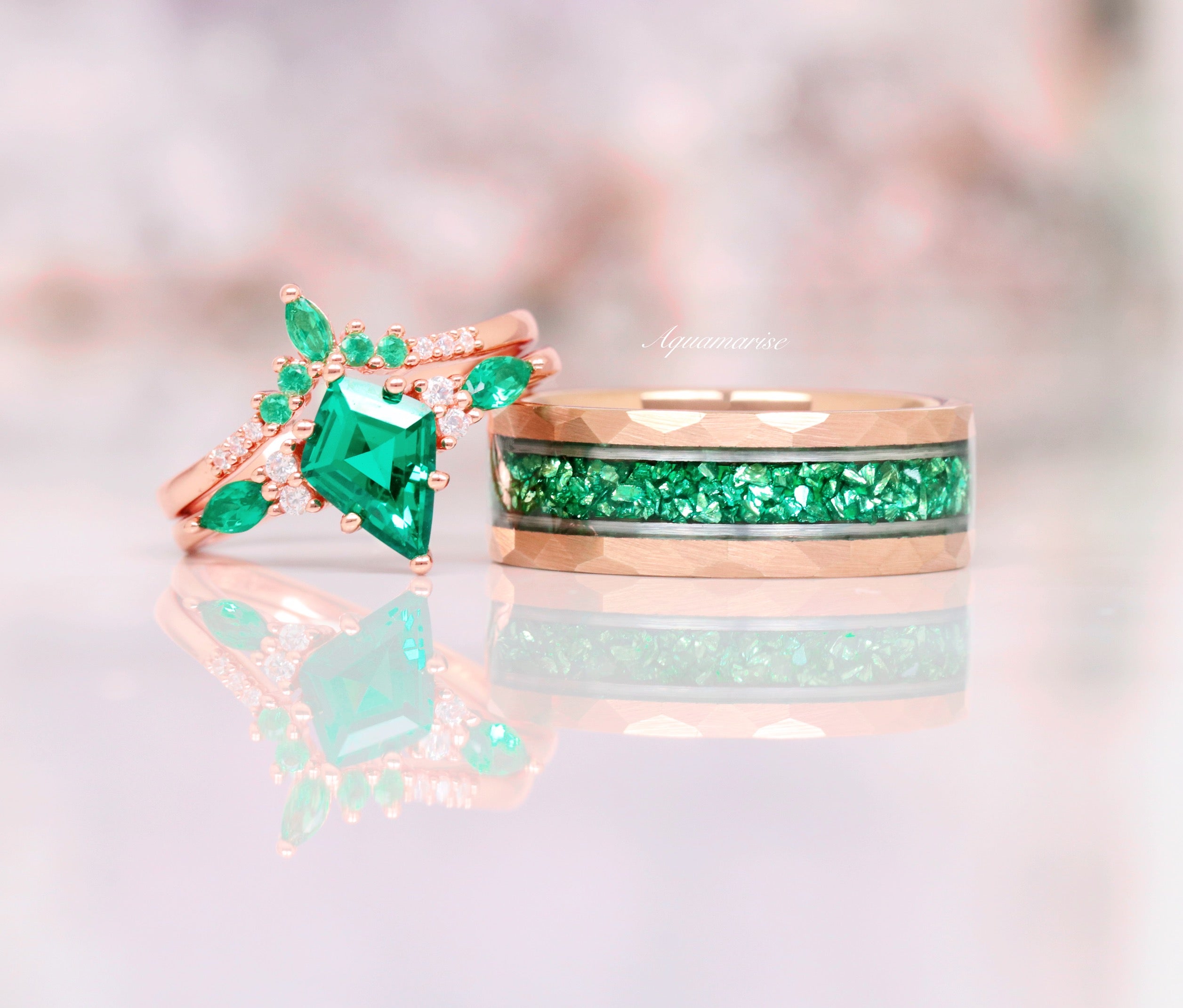 Emerald Wedding Band- 8MM Rose Gold Tungsten & Silver Strip