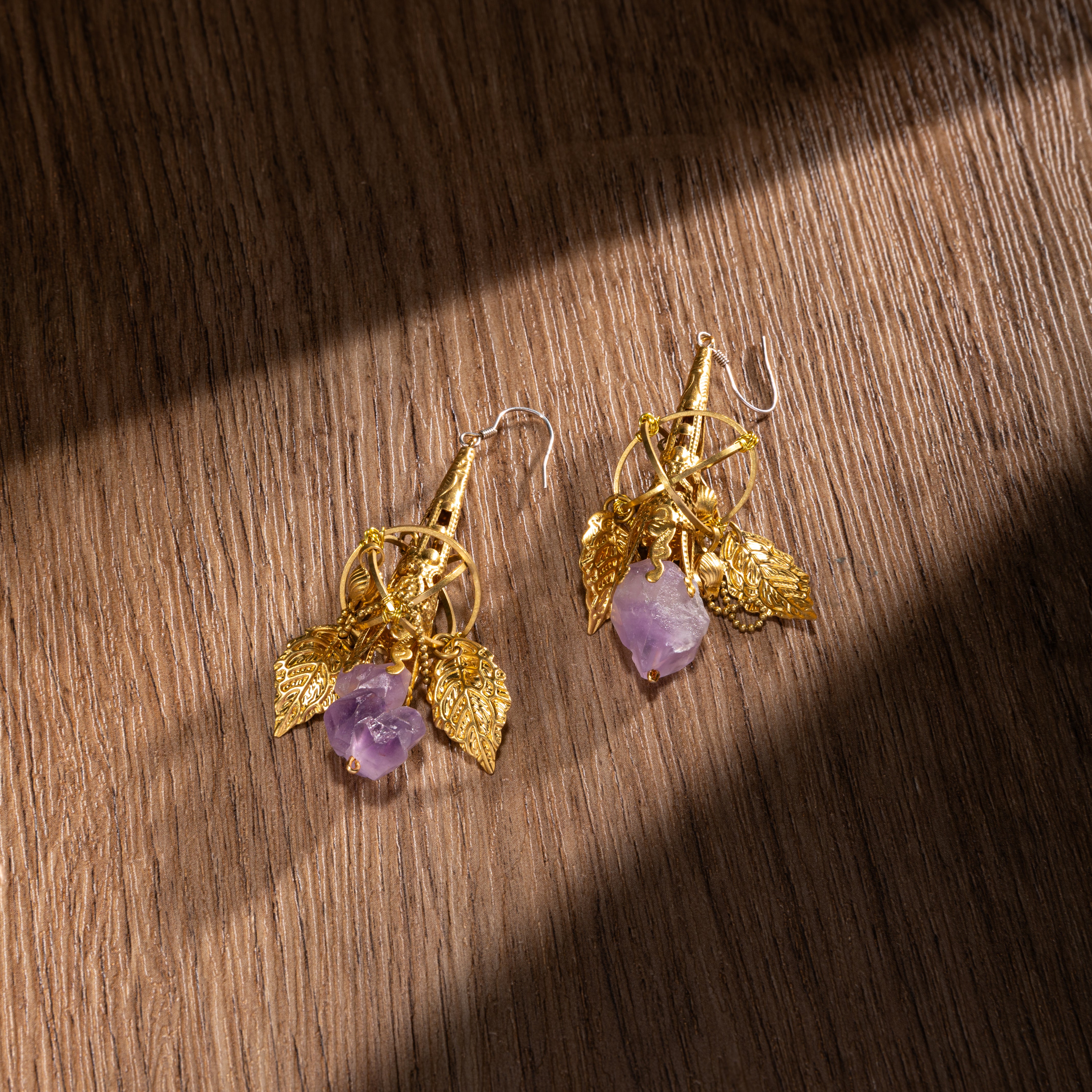 Handmade Amethyst & Gold Leaf Drop Earrings