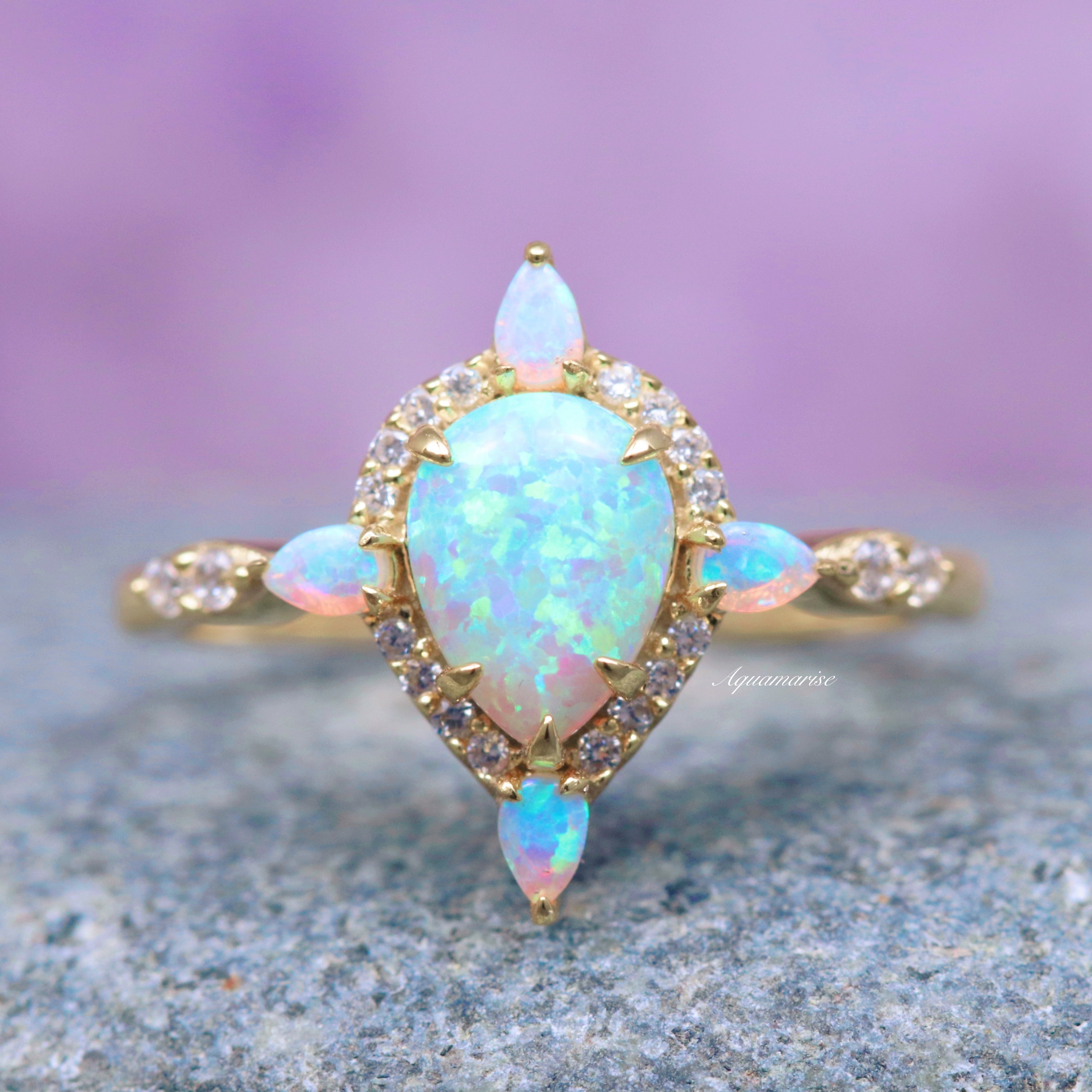 Blue Fire Opal Ring- 14K Solid Yellow Gold