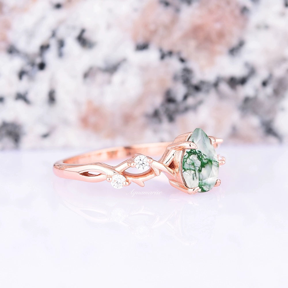 Green Moss Agate Leaf Ring- 14K Rose Gold Vermeil