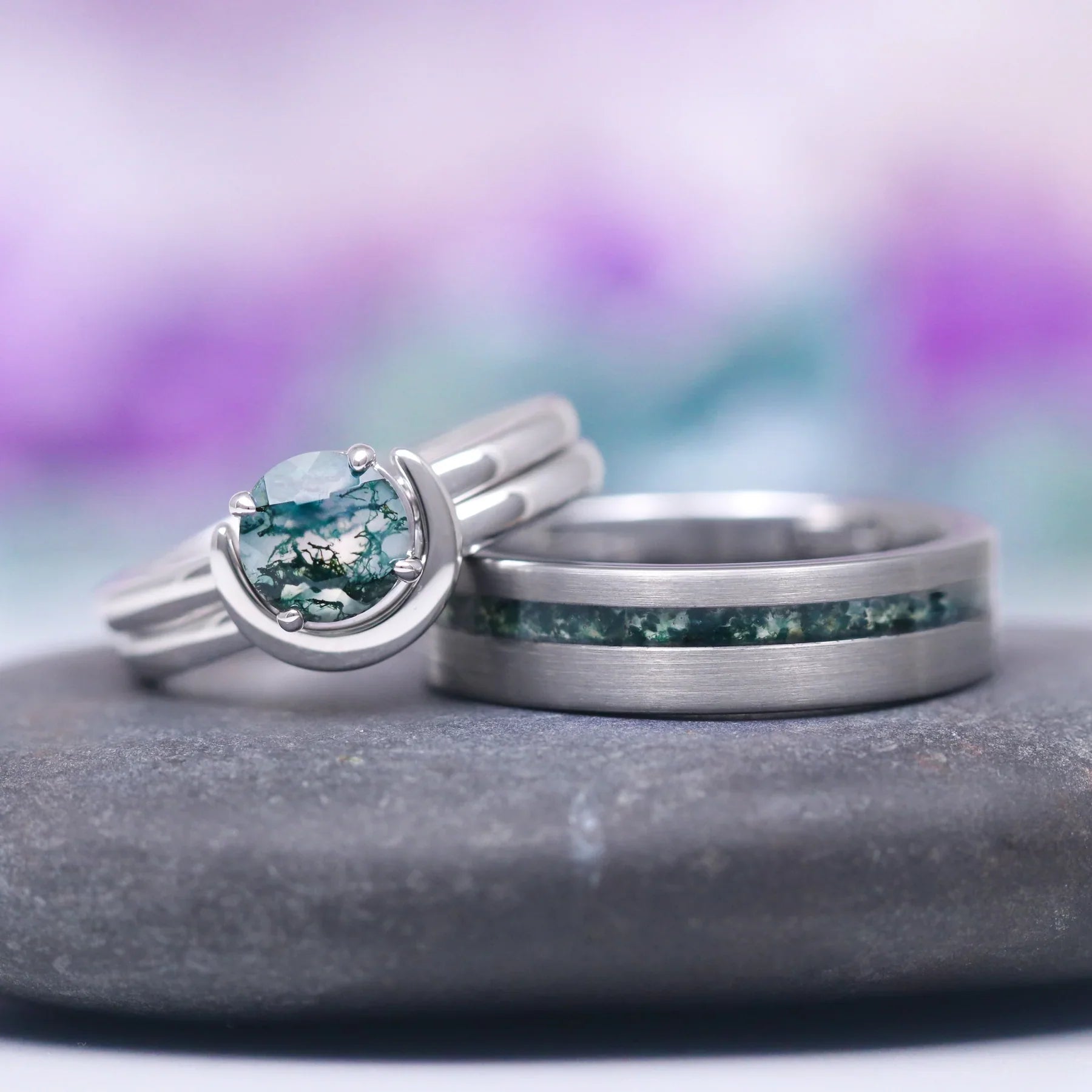 Crescent Engagement Ring Set - Sterling Silver