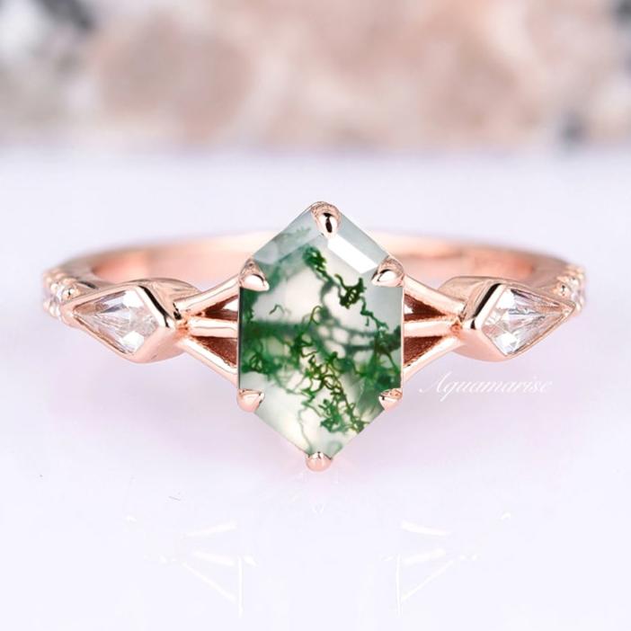 Celtic Hexagon Green Moss Agate Ring- 14K Rose Gold Vermeil