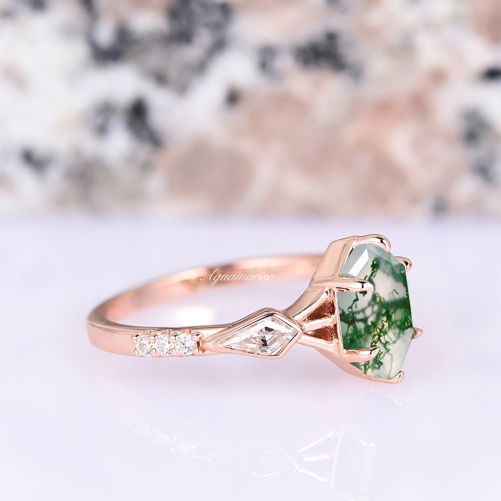 Celtic Hexagon Green Moss Agate Ring- 14K Rose Gold Vermeil