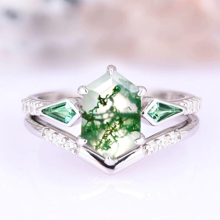 Celtic Green Moss Agate & Emerald Ring Set- Sterling Silver