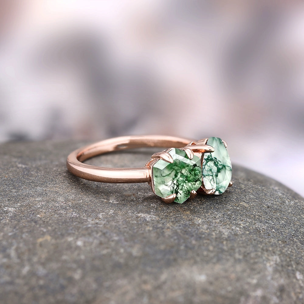 'Toi Et Moi' Green Moss Agate Ring- 14K Rose Gold Vermeil