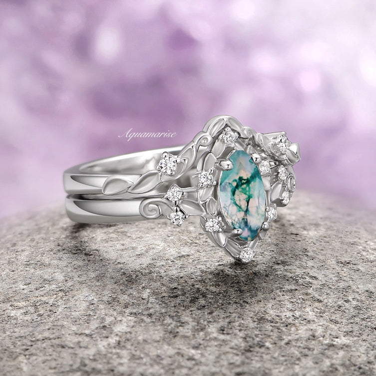 Fairy Green Moss Agate Engagement Leaf Ring Set- 14K White Gold