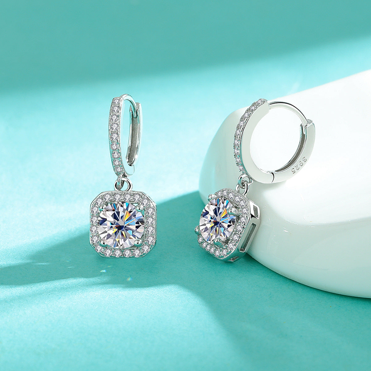 Square Halo Drop Earrings in Sterling Silver