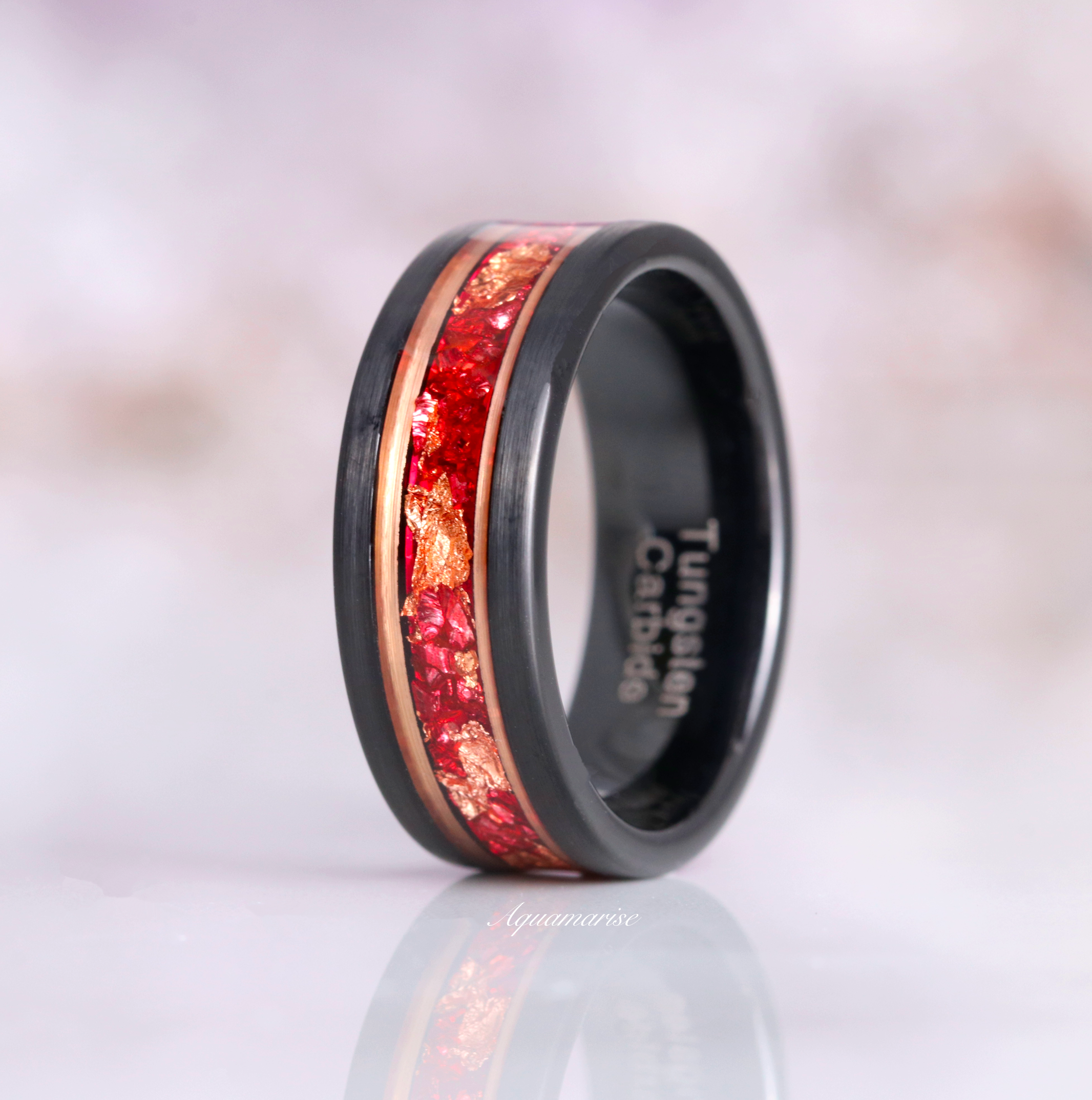 Rose Gold Leaf & Ruby Wedding Band- 8MM Black Tungsten