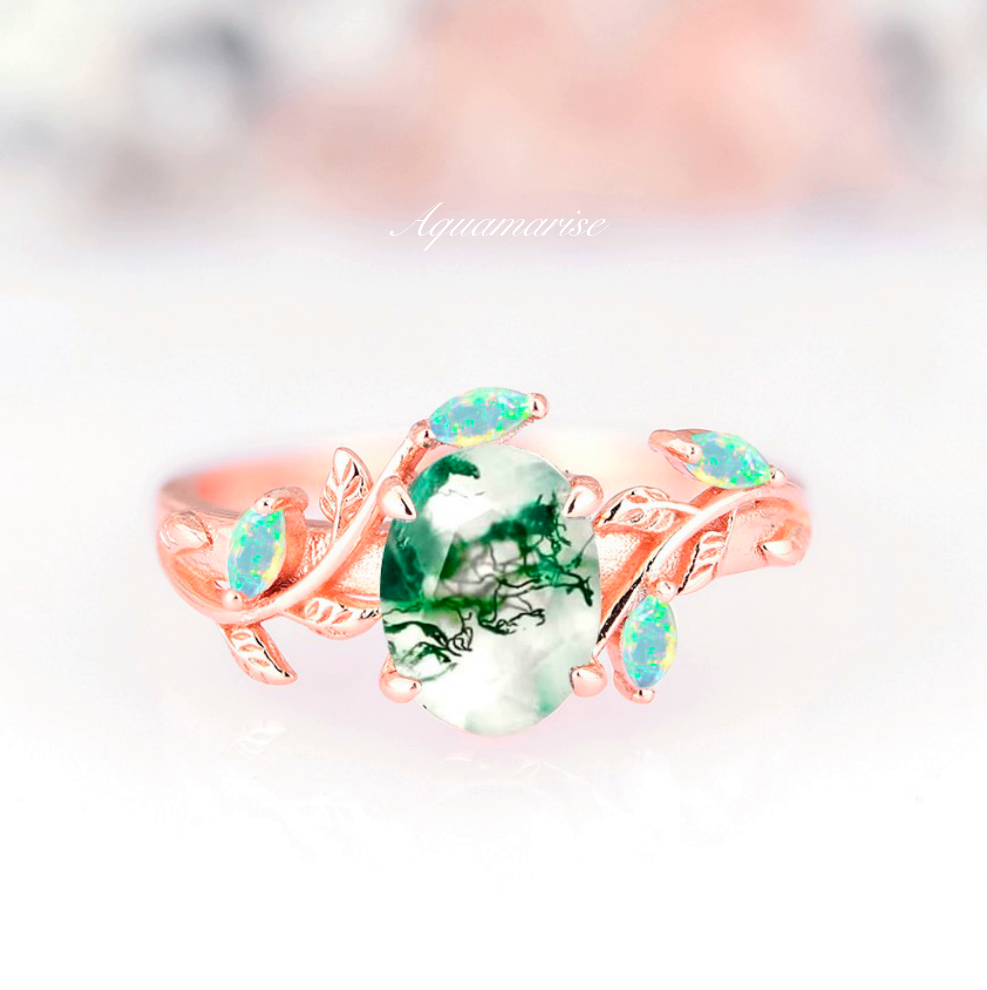 Green Moss Agate & Opal Leaf Ring- 14K Rose Gold Vermeil