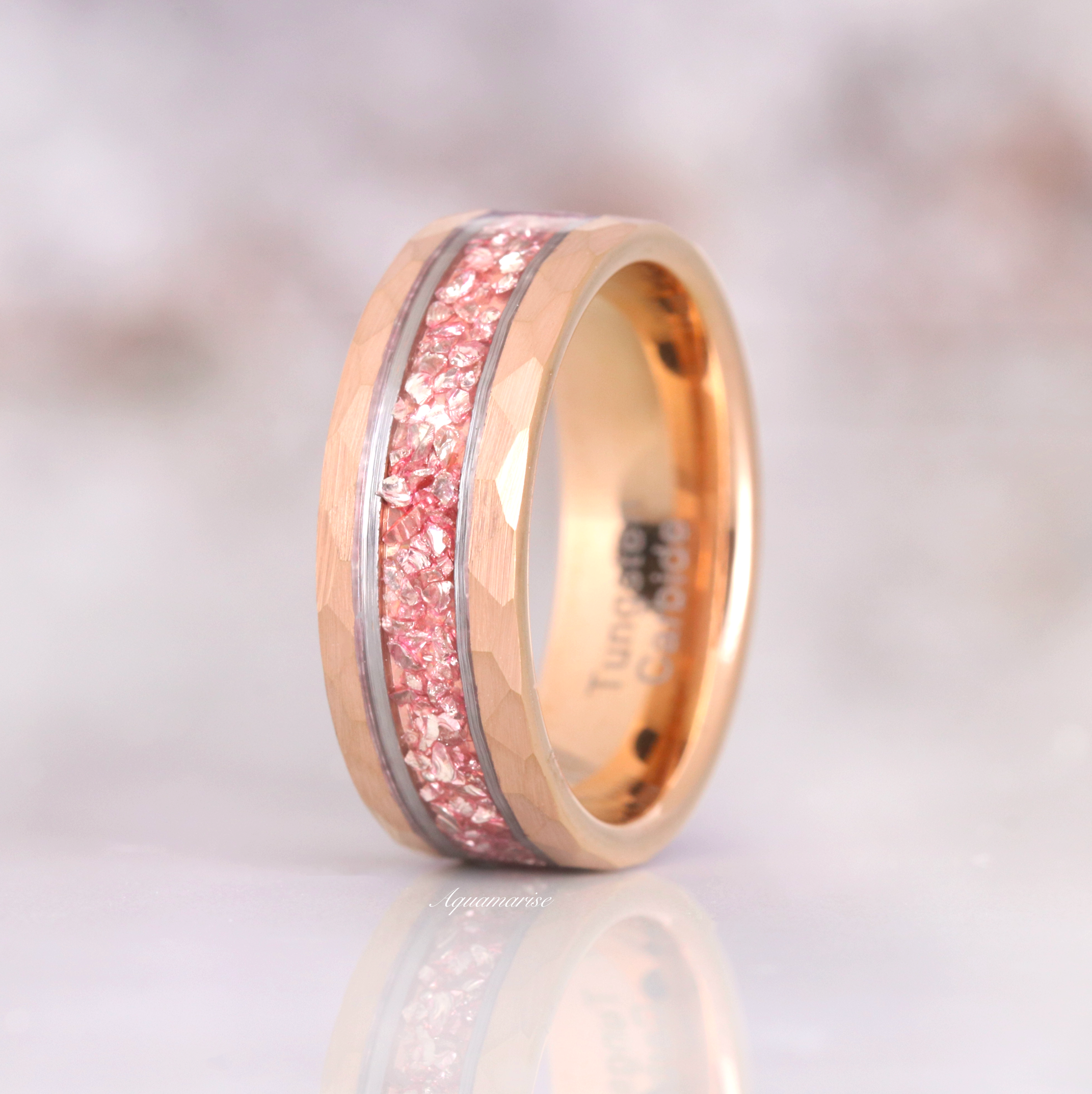 Crushed Morganite Wedding Band- 8MM Rose Gold Tungsten