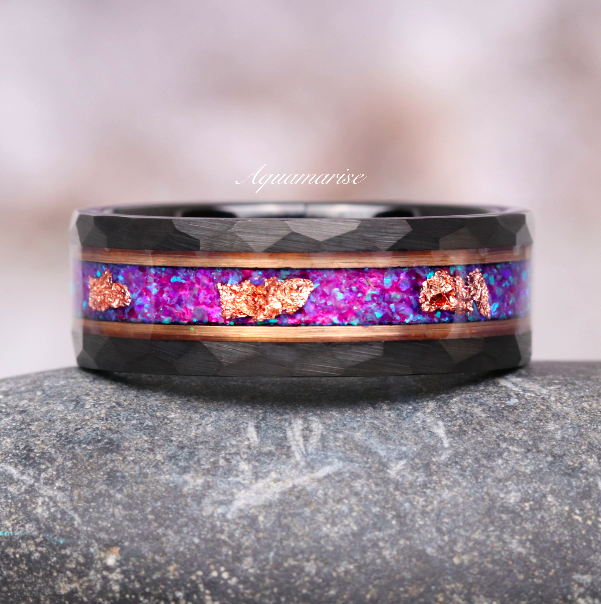 Purple Fire Opal & Rose Gold Leaf Band - 8MM Black Tungsten Carbide