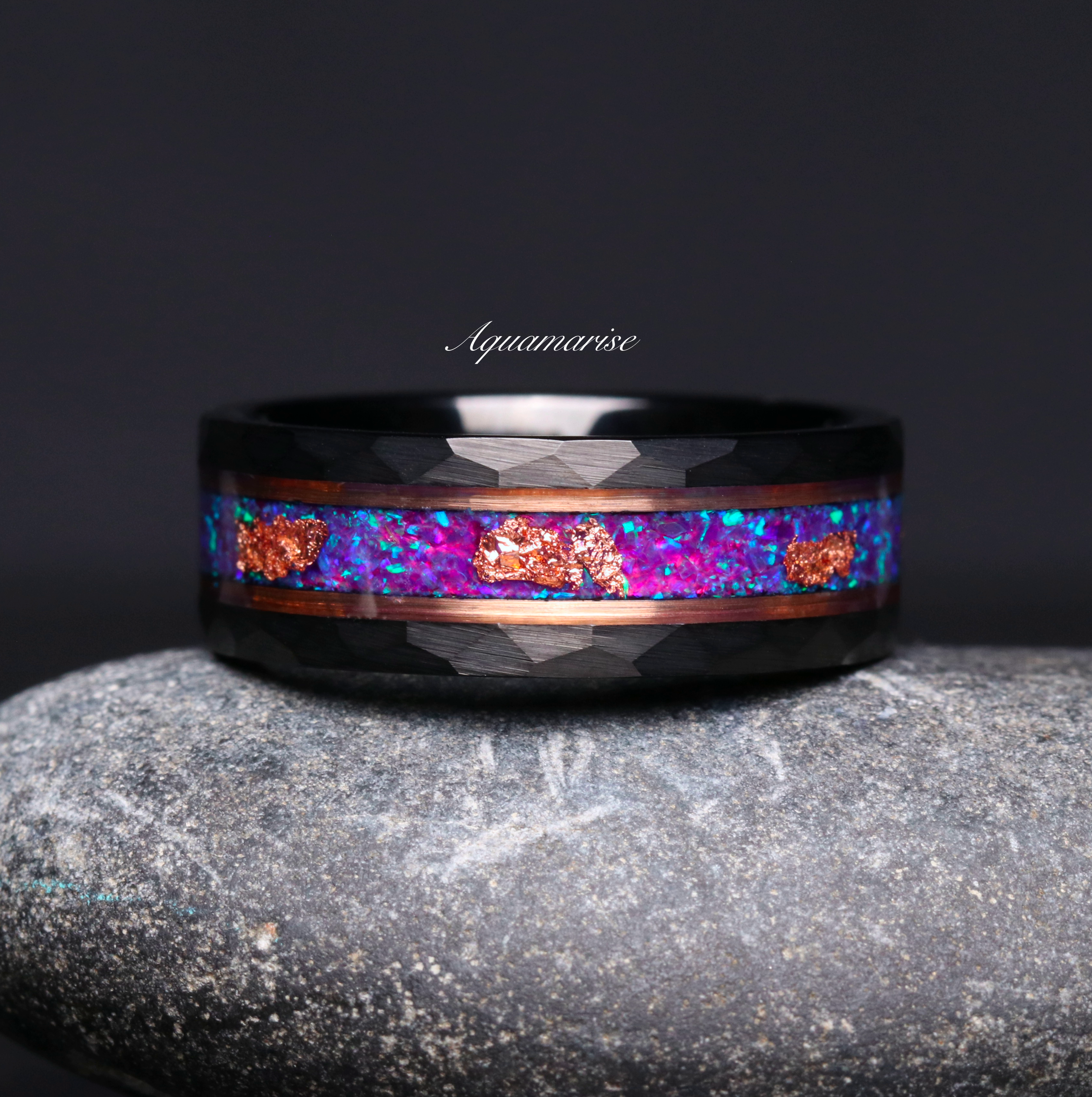 Purple Fire Opal & Rose Gold Leaf Band - 8MM Black Tungsten Carbide