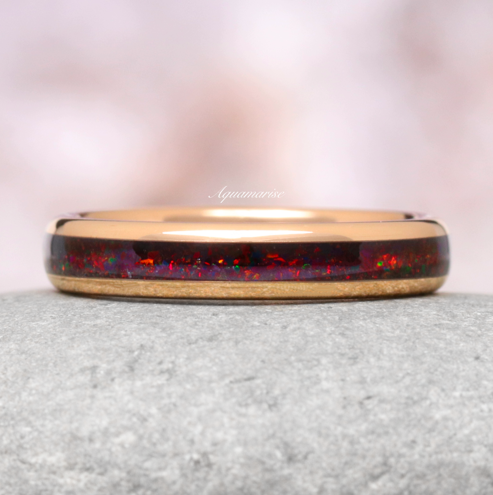 Crushed Black Fire Opal Wedding Band- 4MM Rose Gold Tungsten