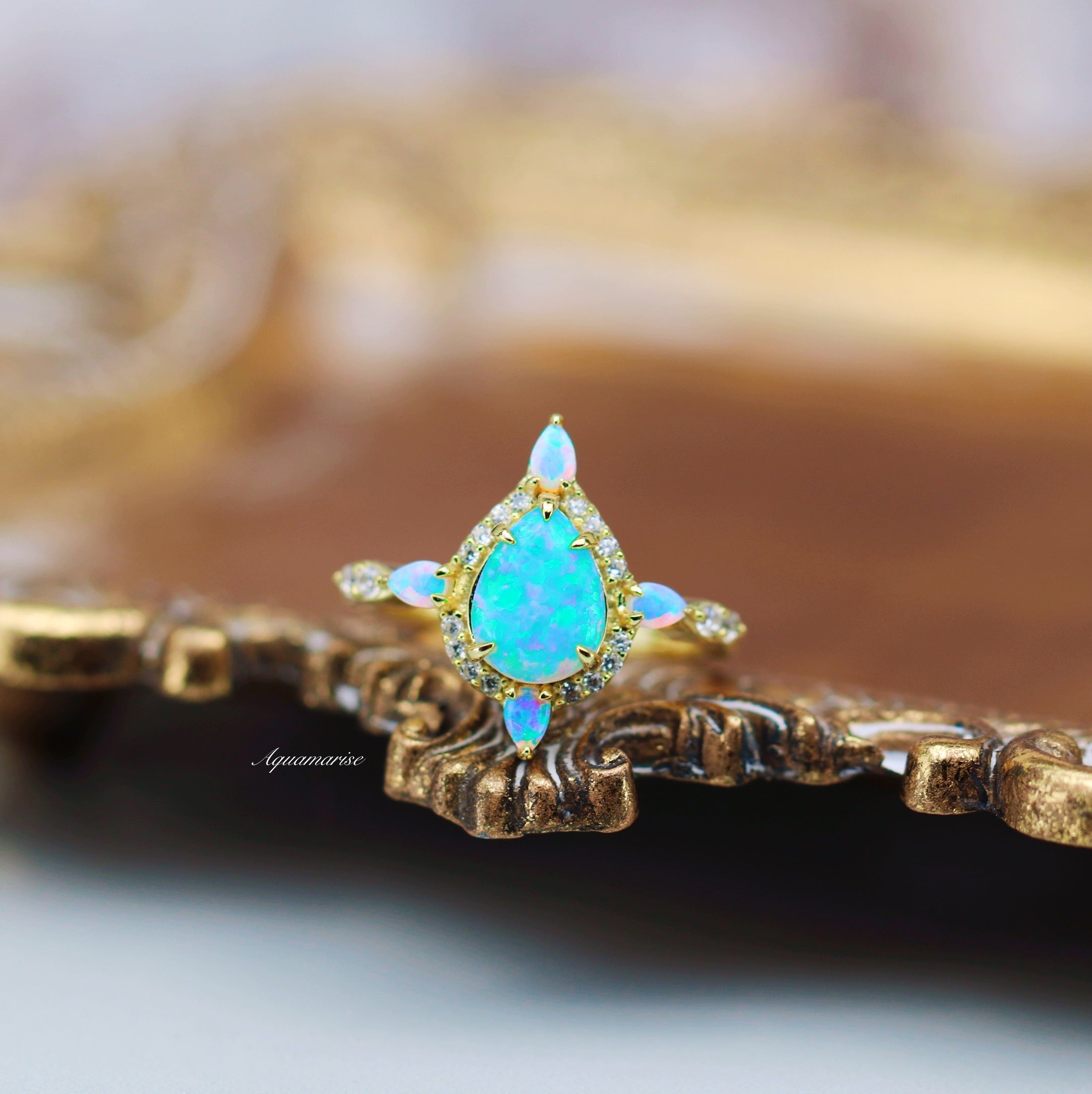 Blue Fire Opal Ring- 14K Solid Yellow Gold