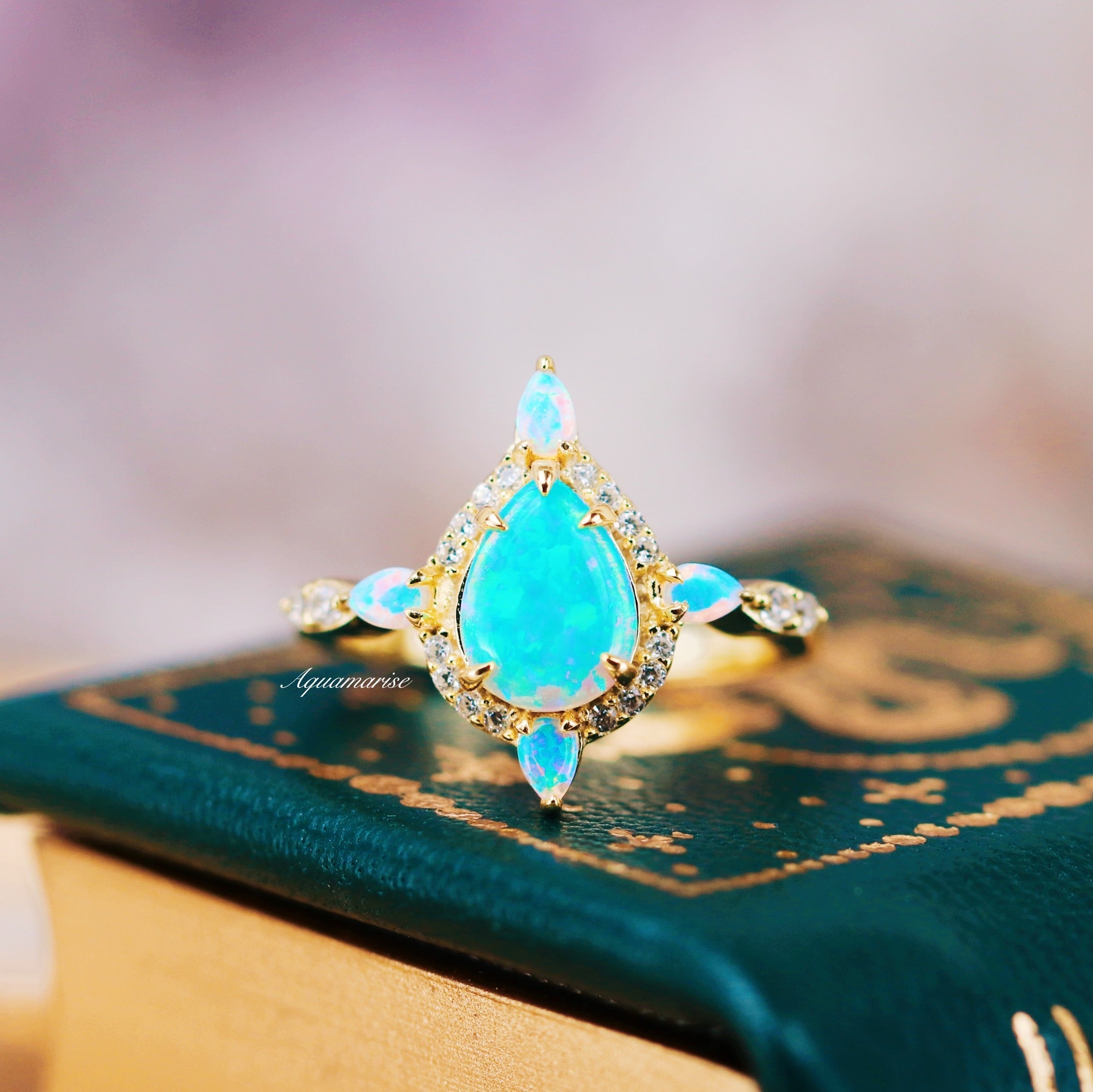 Blue Fire Opal Ring- 14K Solid Yellow Gold