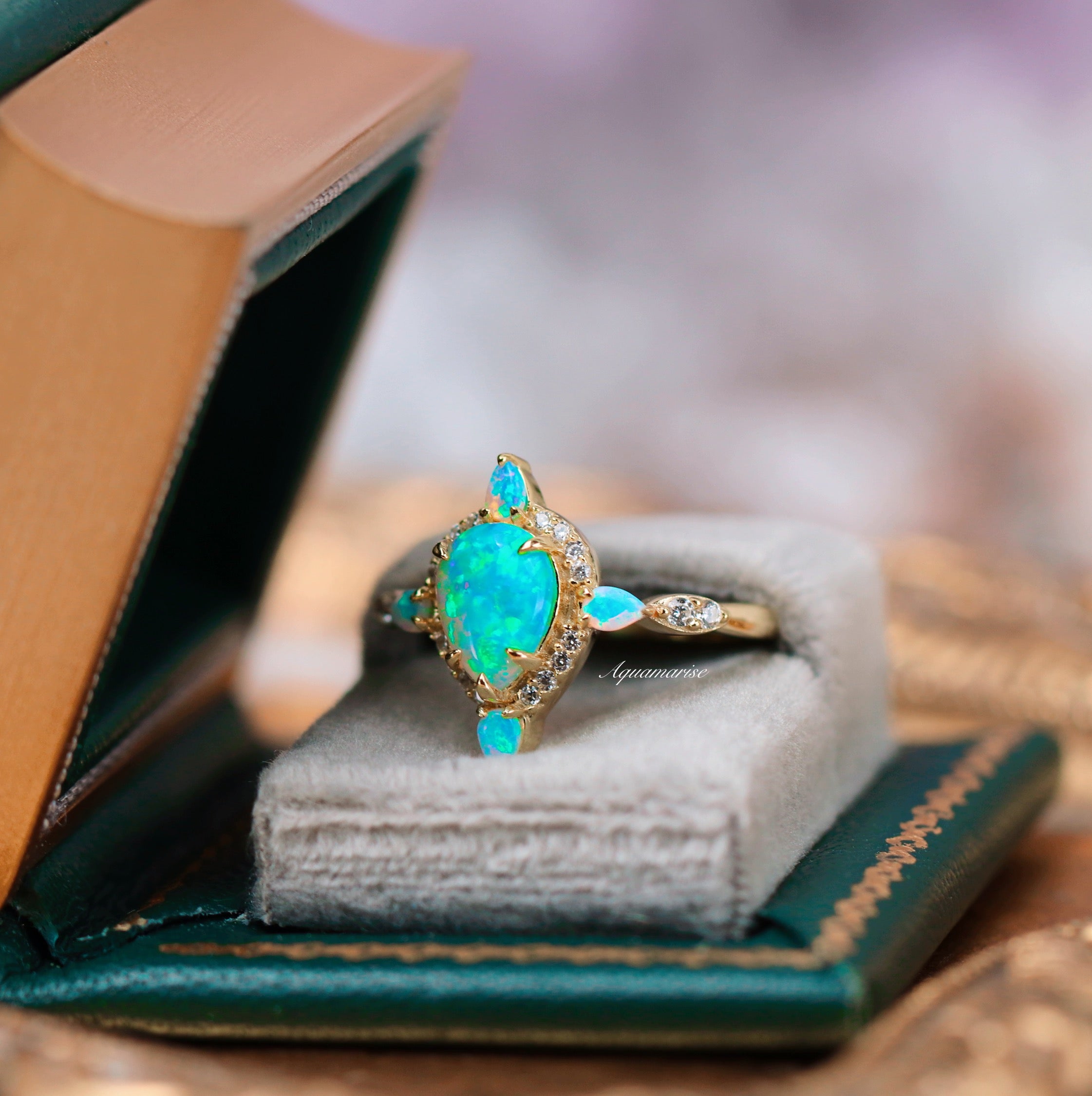 Blue Fire Opal Ring- 14K Solid Yellow Gold