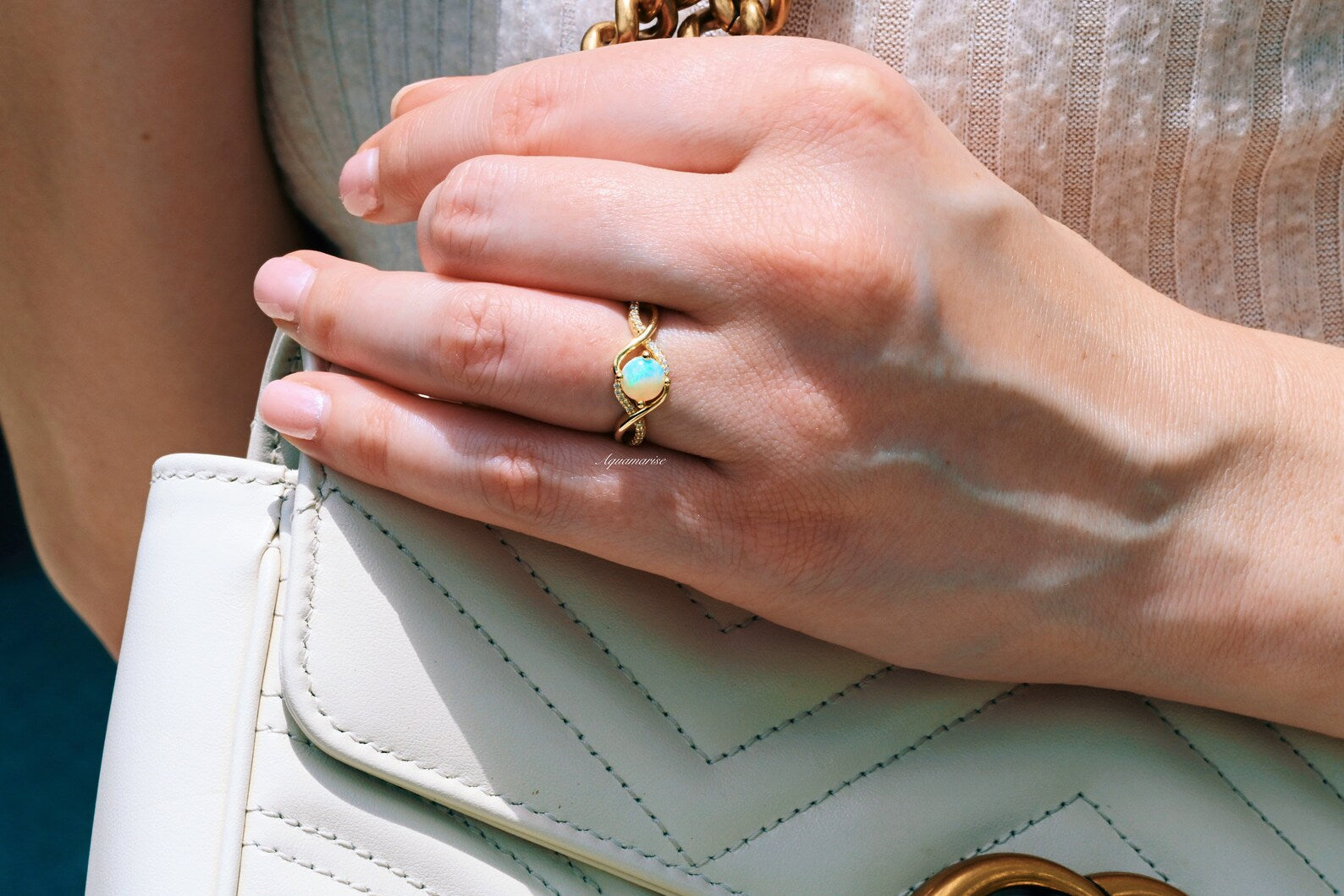 Entwined Natural Australian Opal Ring- 14K Solid Yellow Gold