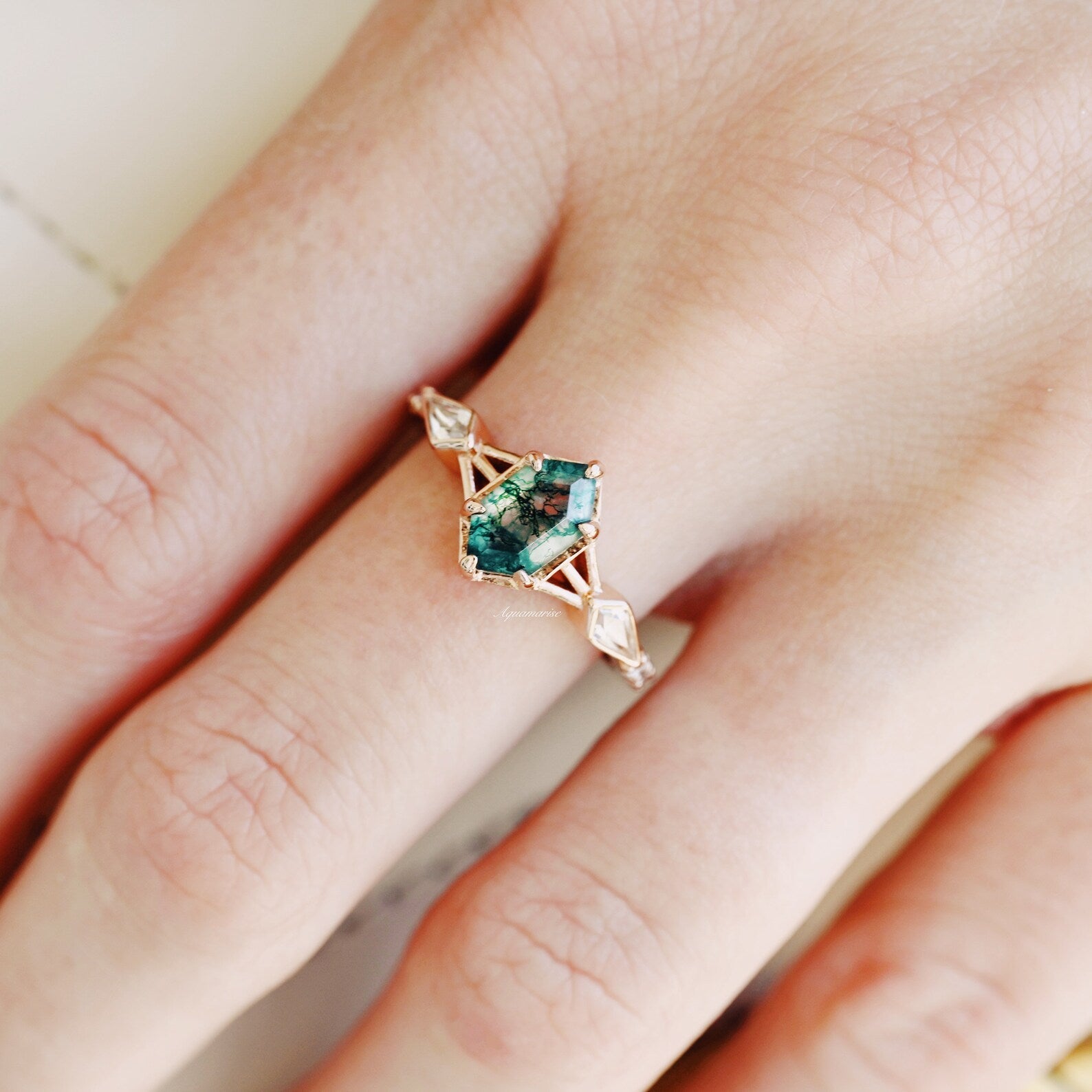 Celtic Hexagon Green Moss Agate Ring- 14K Rose Gold Vermeil