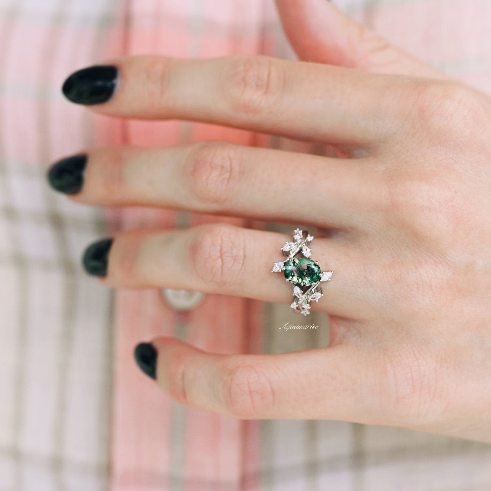 Green Moss Agate Leaf Ring- Sterling Silver