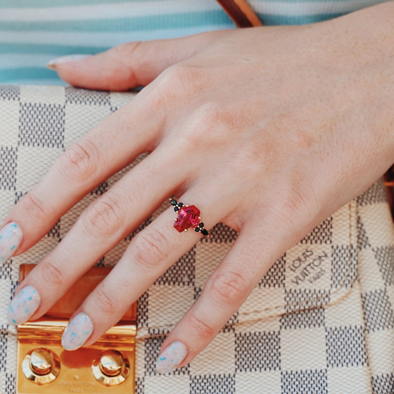 Coffin Cut Ruby & Black Onyx Ring- 14K Rose Gold Vermeil