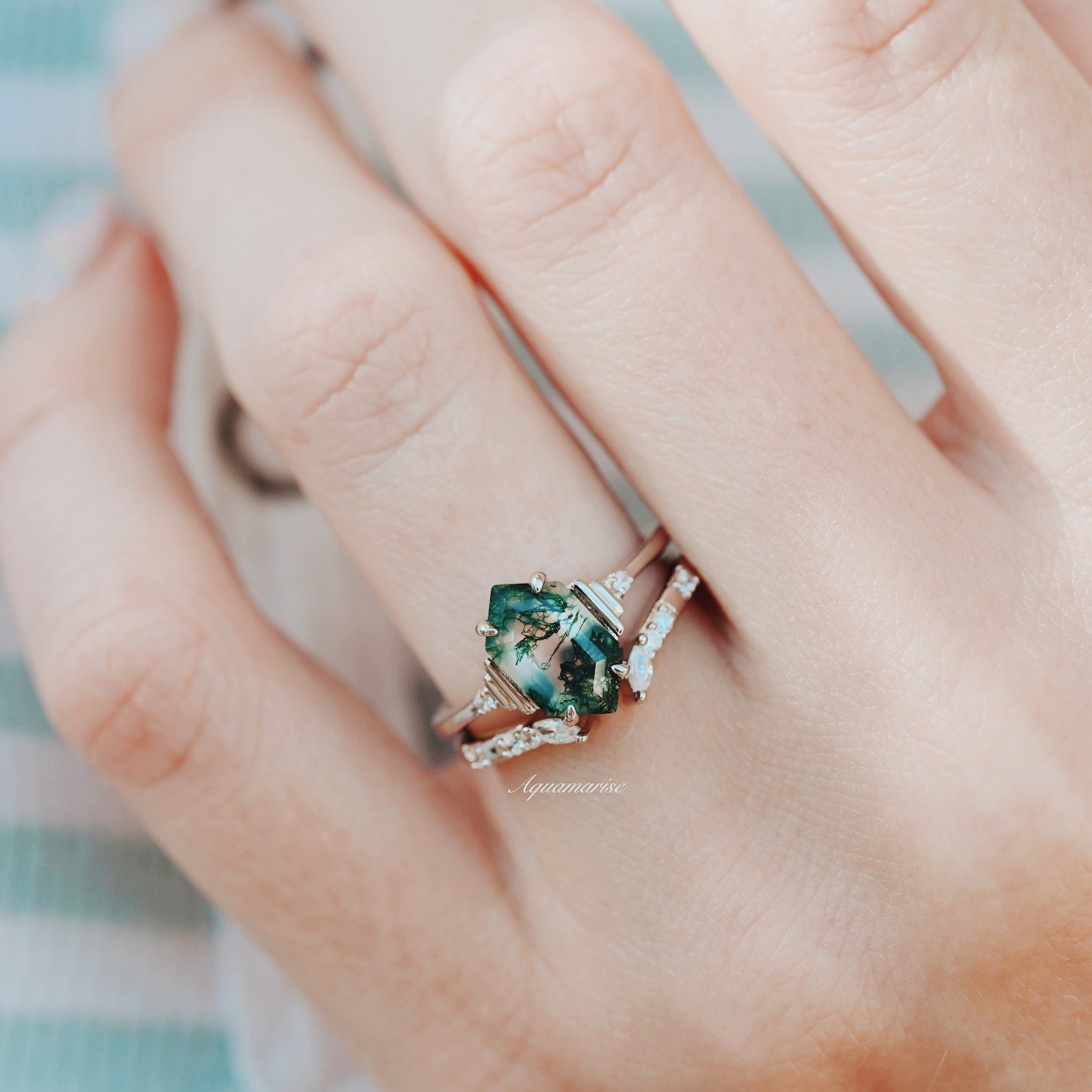 Hexagon Green Moss Agate Ring Set- 925 Sterling Silver