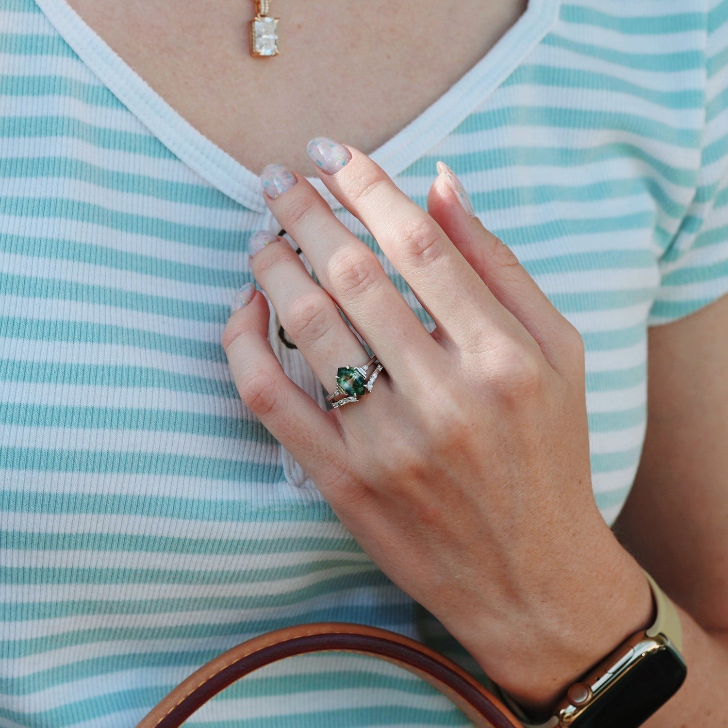Hexagon Green Moss Agate Ring Set- 925 Sterling Silver