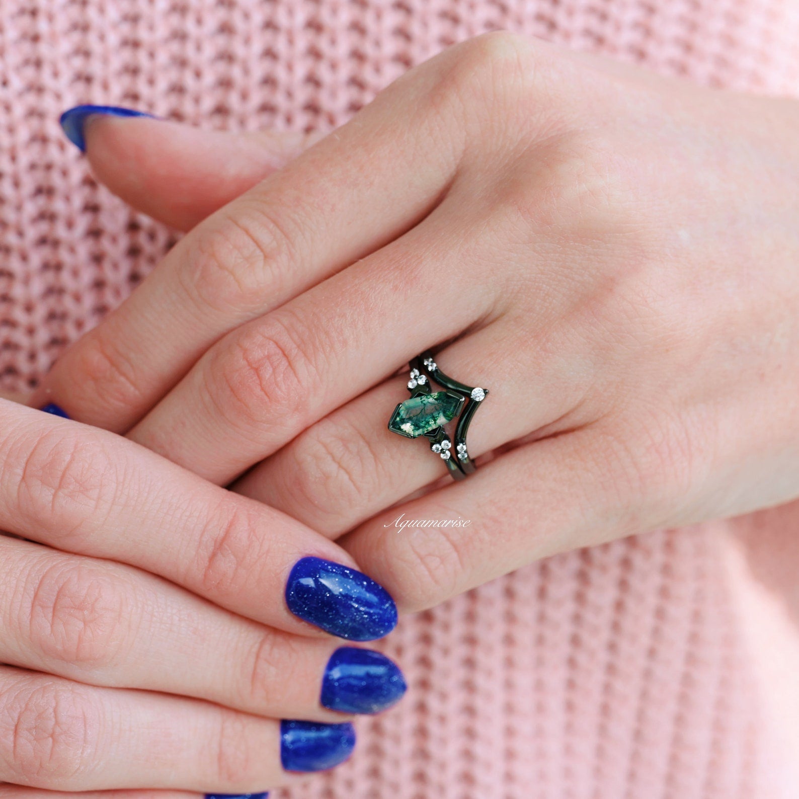 Coffin Kite Green Moss Agate Engagement Ring- Black Rhodium Filled