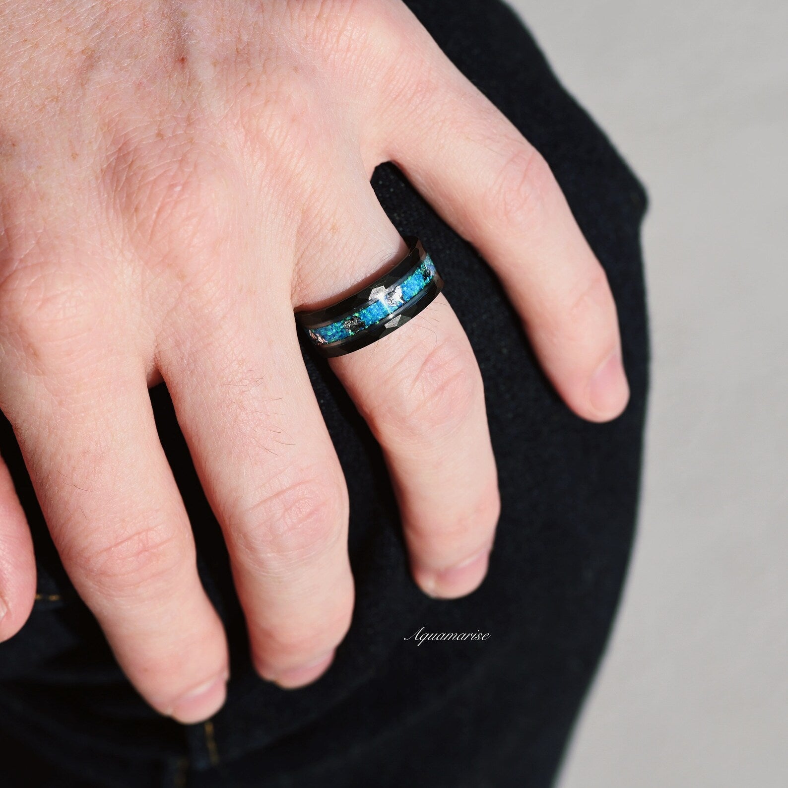 Blue Fire Opal Wedding Band- 8MM Black Tungsten